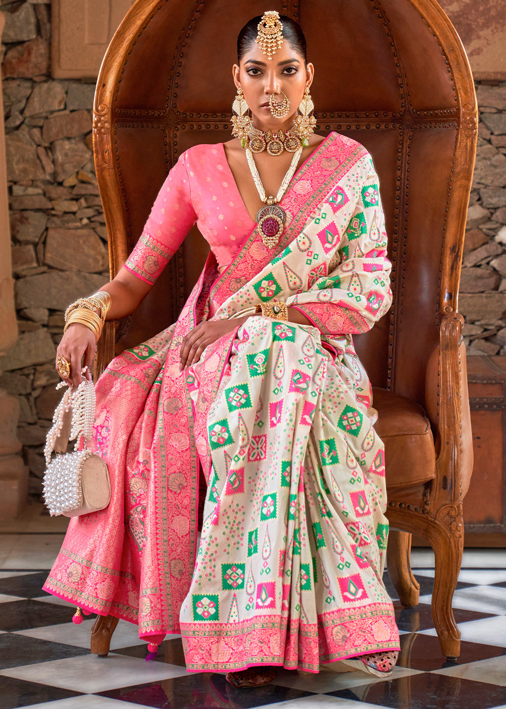 Snow White and Pink Woven Banarasi Saree