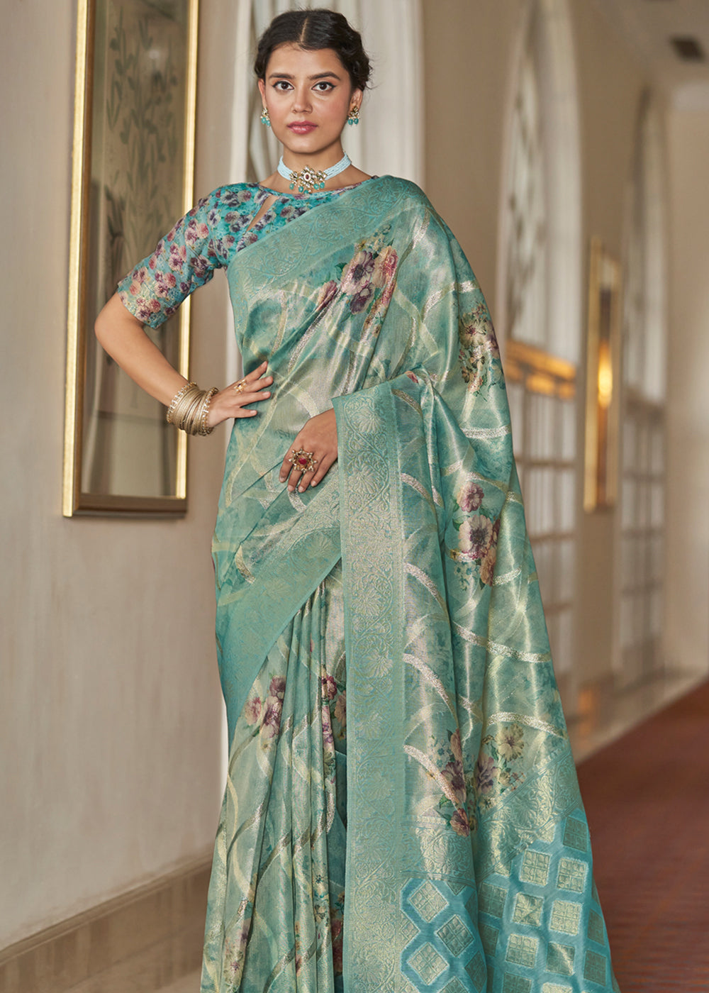 Breaker Bay Blue Woven Banarasi Tissue Organza Silk Sare