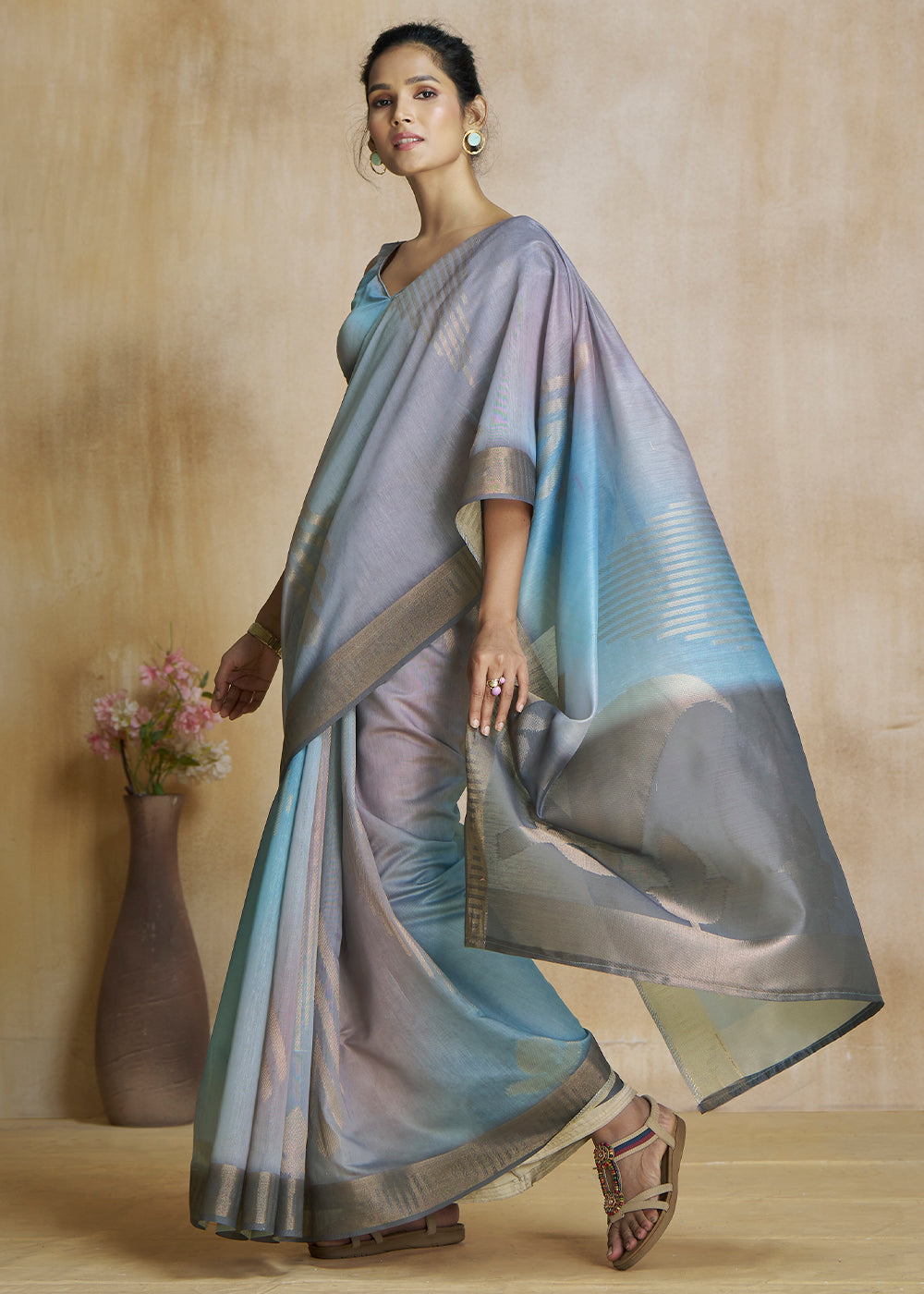 Stone Blue and Grey Tissue Woven Soft Silk Saree