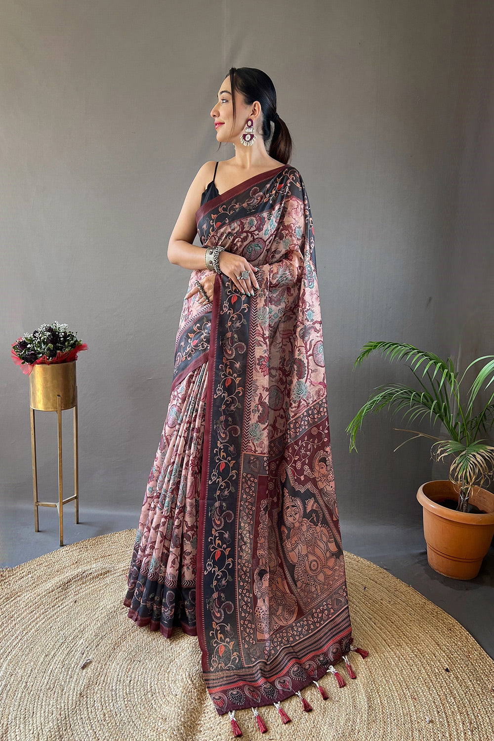 Eunry Peach and Black Printed Cotton Kalamkari Saree