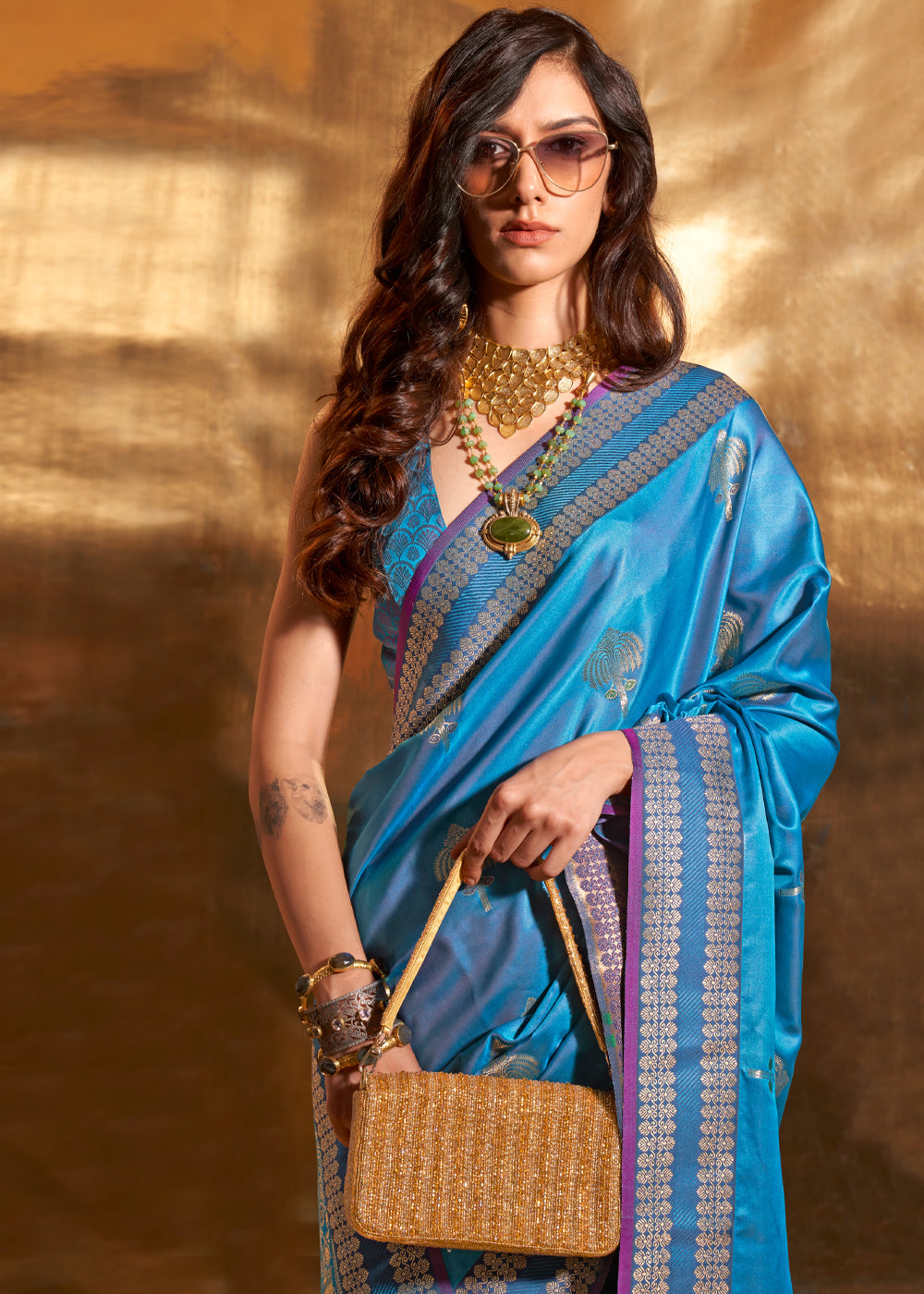 Blueberry Blue Woven Banarasi Satin Silk Saree