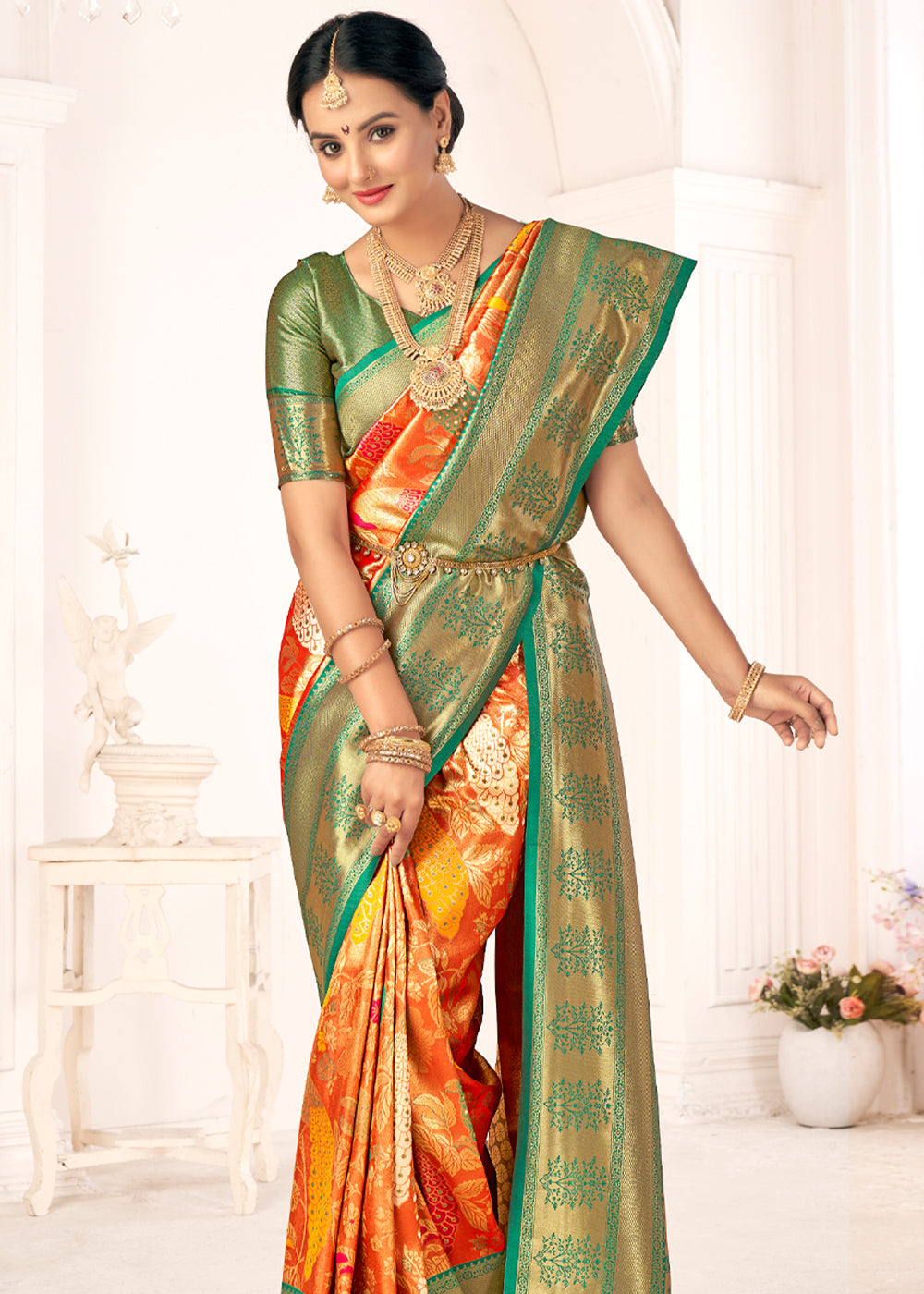 Fire Bush Orange Woven Paithani Fusion Kanjivaram Silk Saree