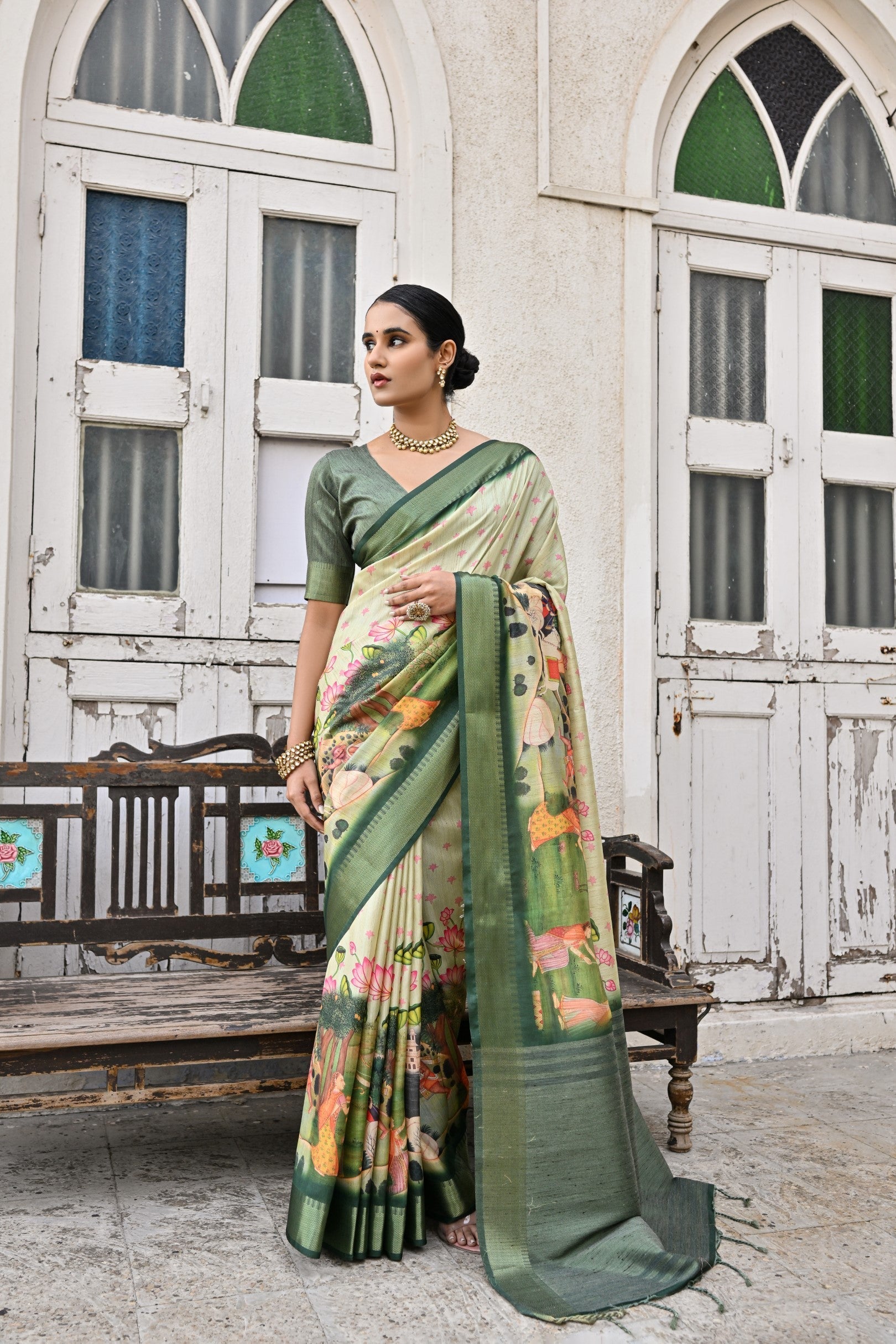 Schist Green Tussar Printed Silk Saree