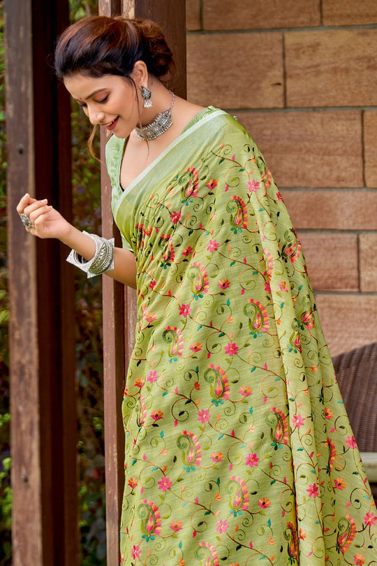 Pesto Green Handcrafted Linen Saree