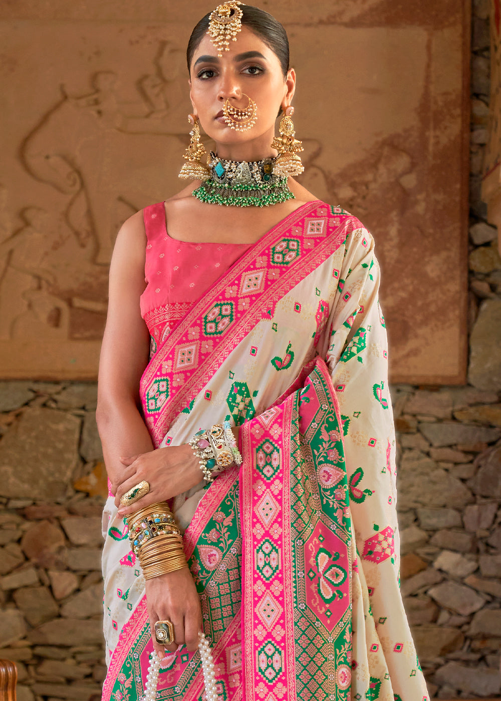 Linen White and Pink Woven Banarasi Saree