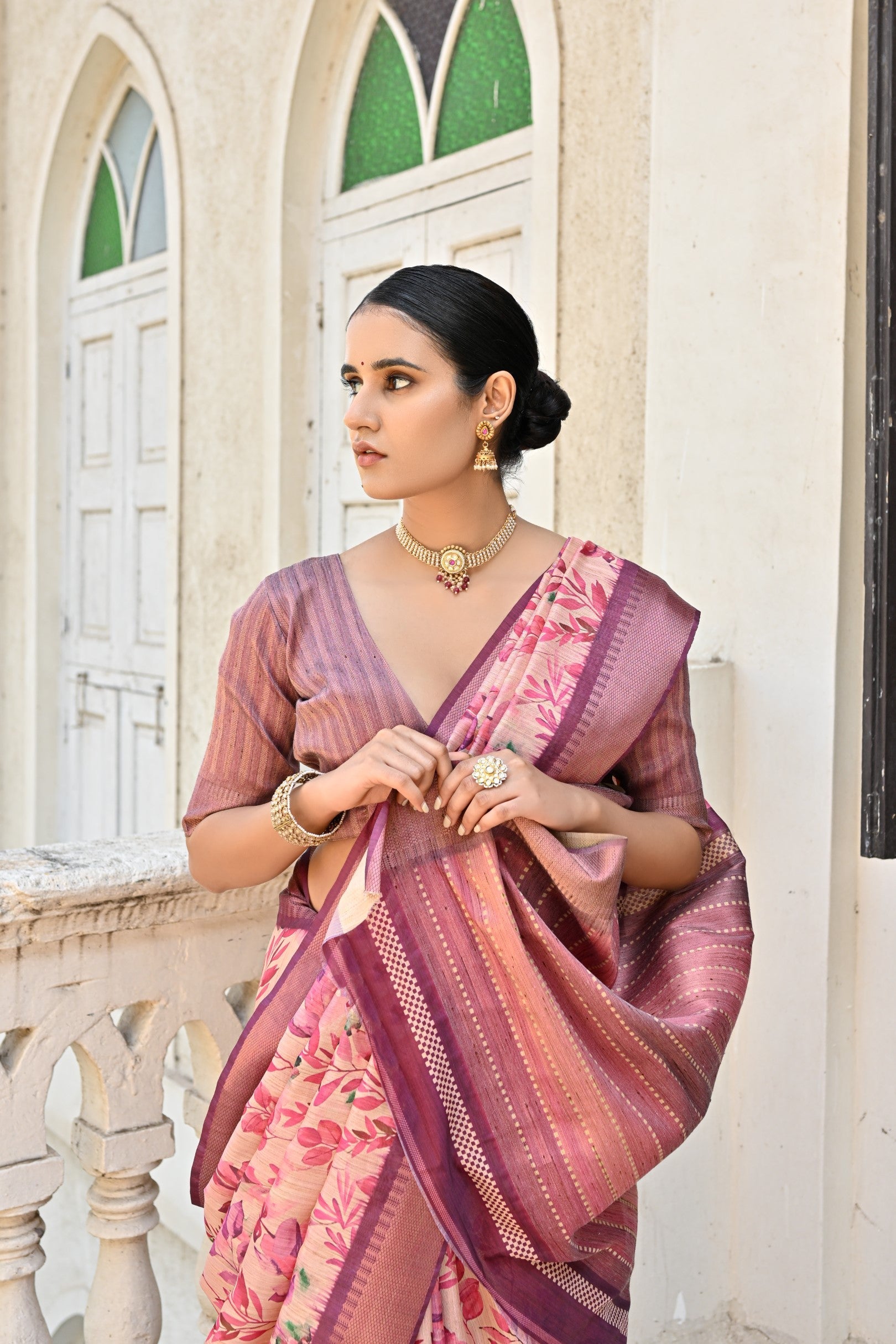 Wewak Pink Tussar Printed Silk Saree