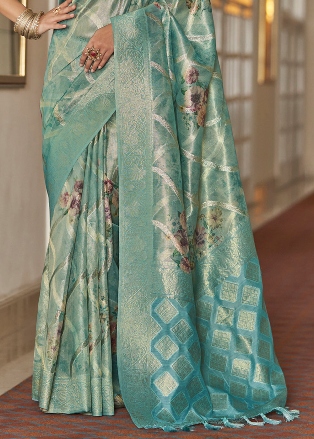 Breaker Bay Blue Woven Banarasi Tissue Organza Silk Sare