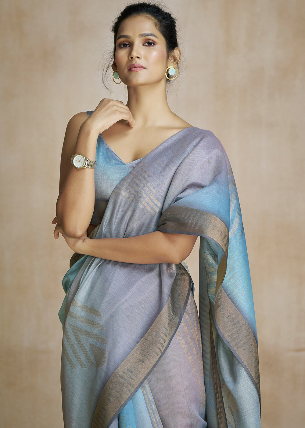 Stone Blue and Grey Tissue Woven Soft Silk Saree