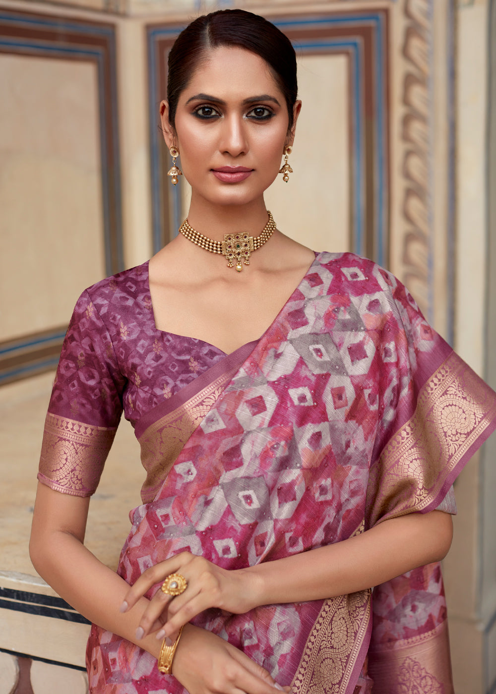 Rose Dust Purple Banarasi Digital Printed Silk Saree