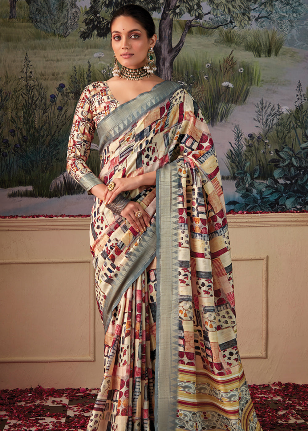 Multicolor Cream Woven Banarasi Tussar Silk Saree