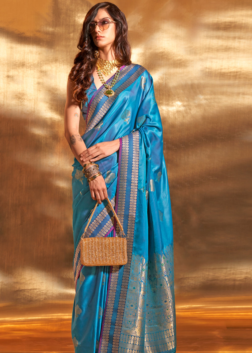 Blueberry Blue Woven Banarasi Satin Silk Saree