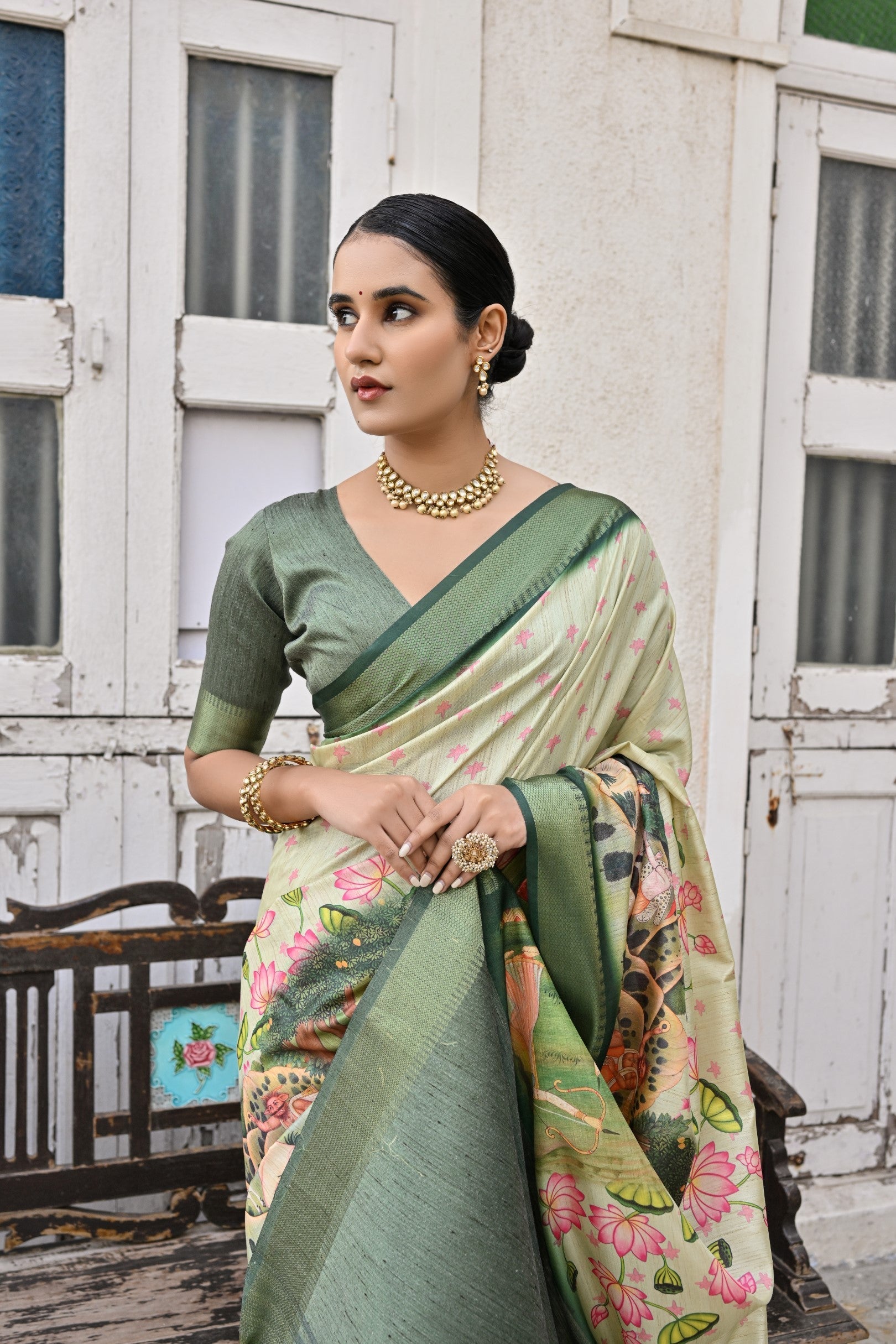 Schist Green Tussar Printed Silk Saree