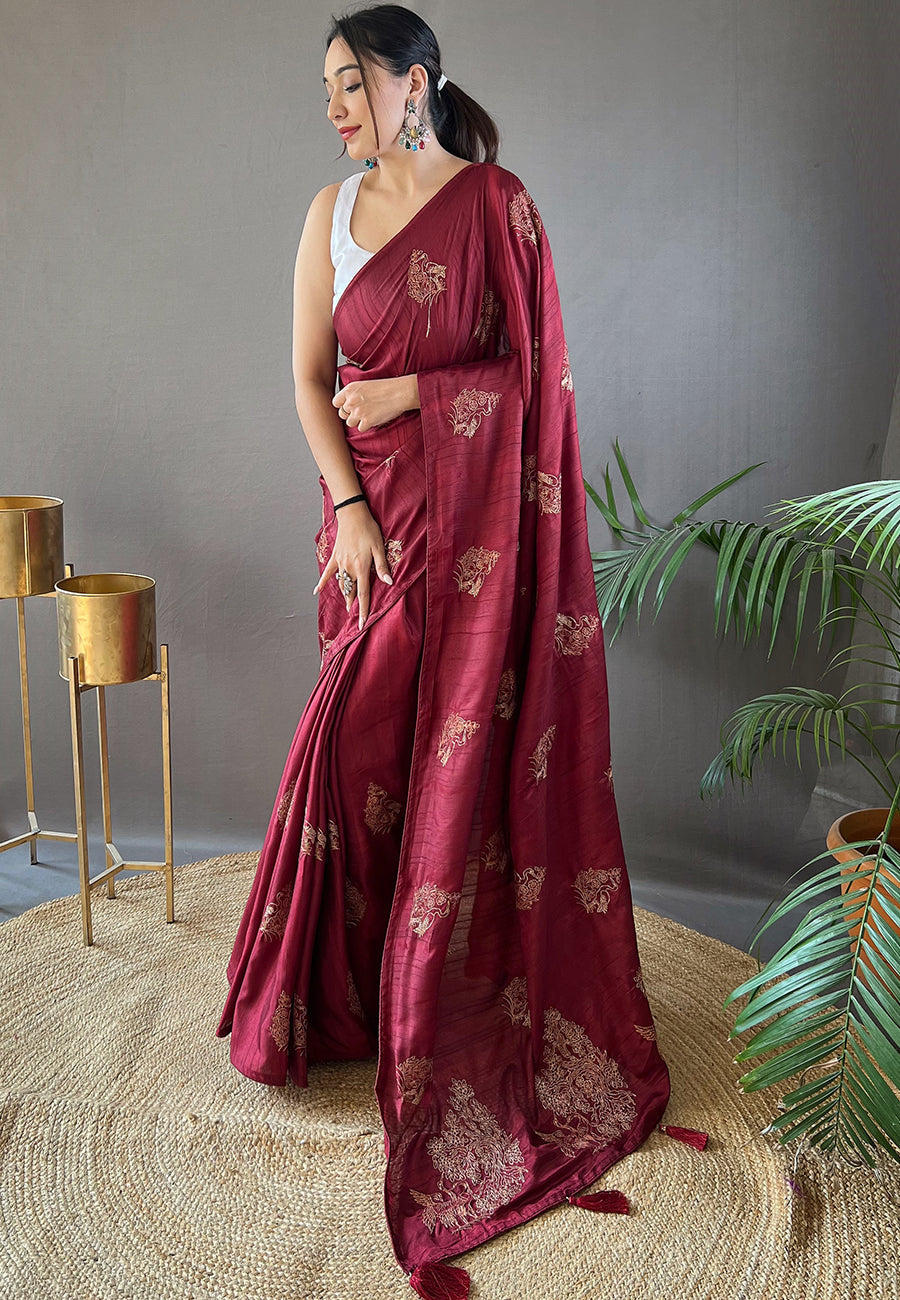 Persian Plum Maroon Embroidered Tussar Silk Saree