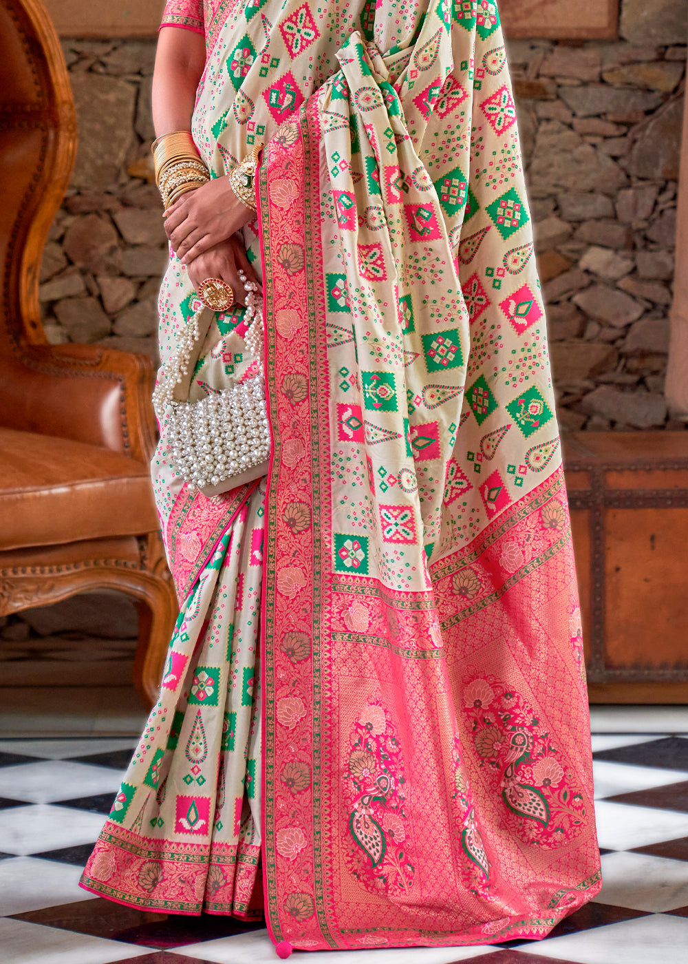 Snow White and Pink Woven Banarasi Saree