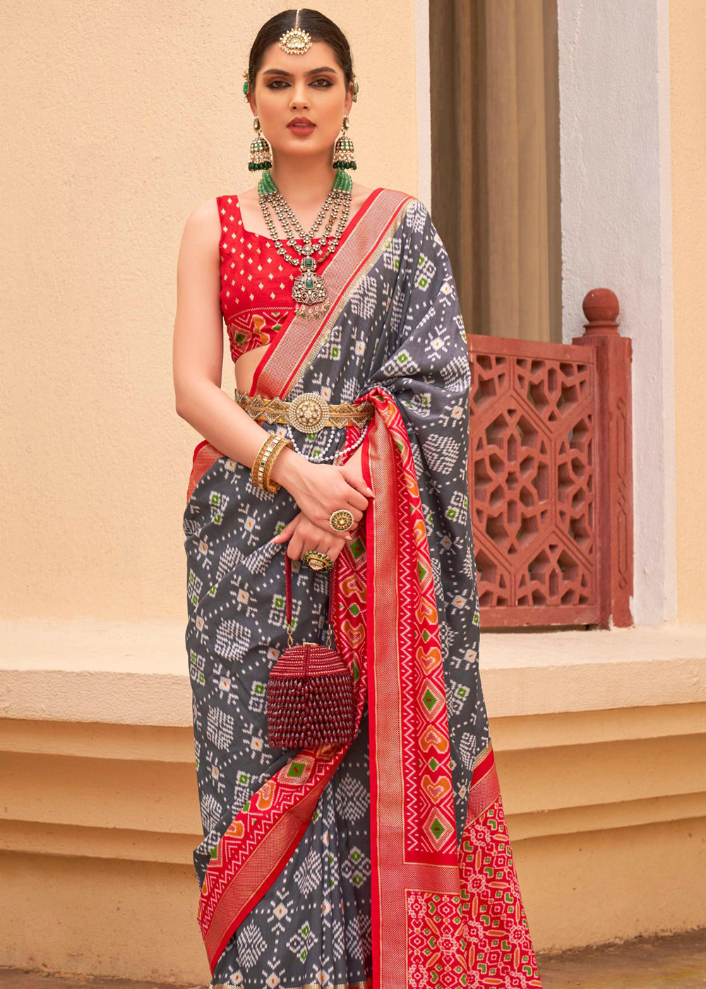 Cloudy Grey and Red Printed Patola Soft Silk Saree