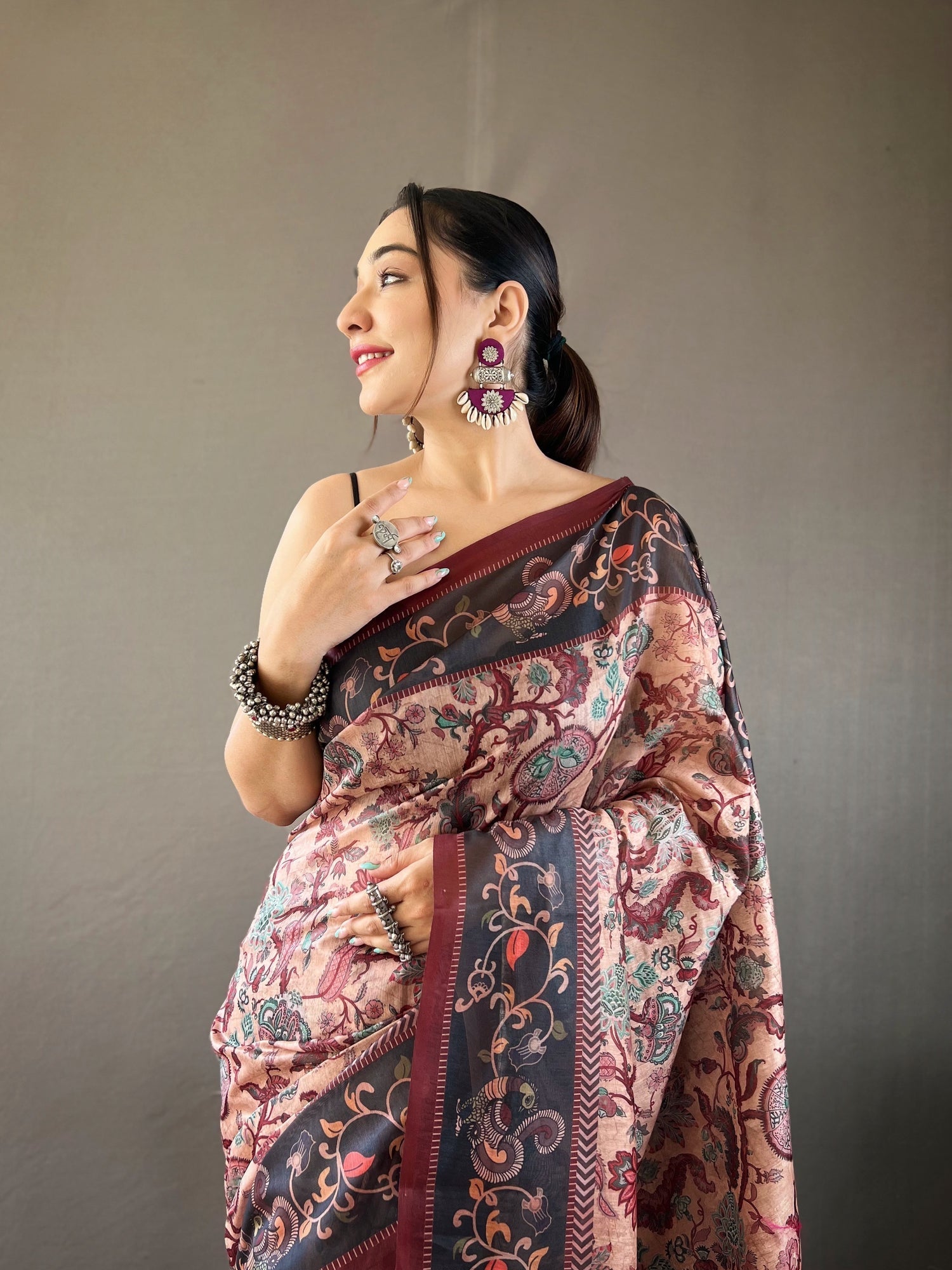 Eunry Peach and Black Printed Cotton Kalamkari Saree