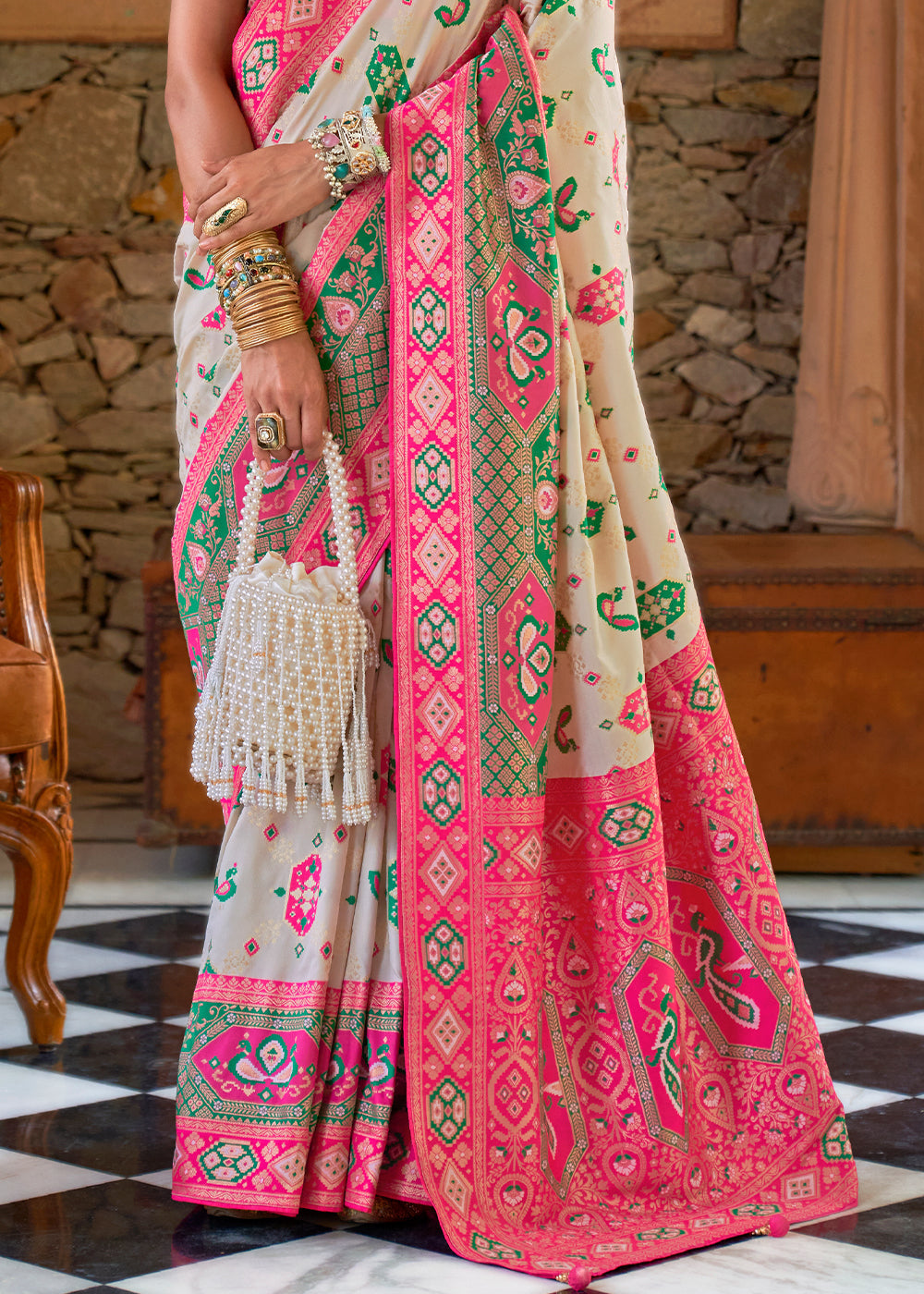 Linen White and Pink Woven Banarasi Saree