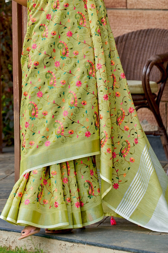 Pesto Green Handcrafted Linen Saree