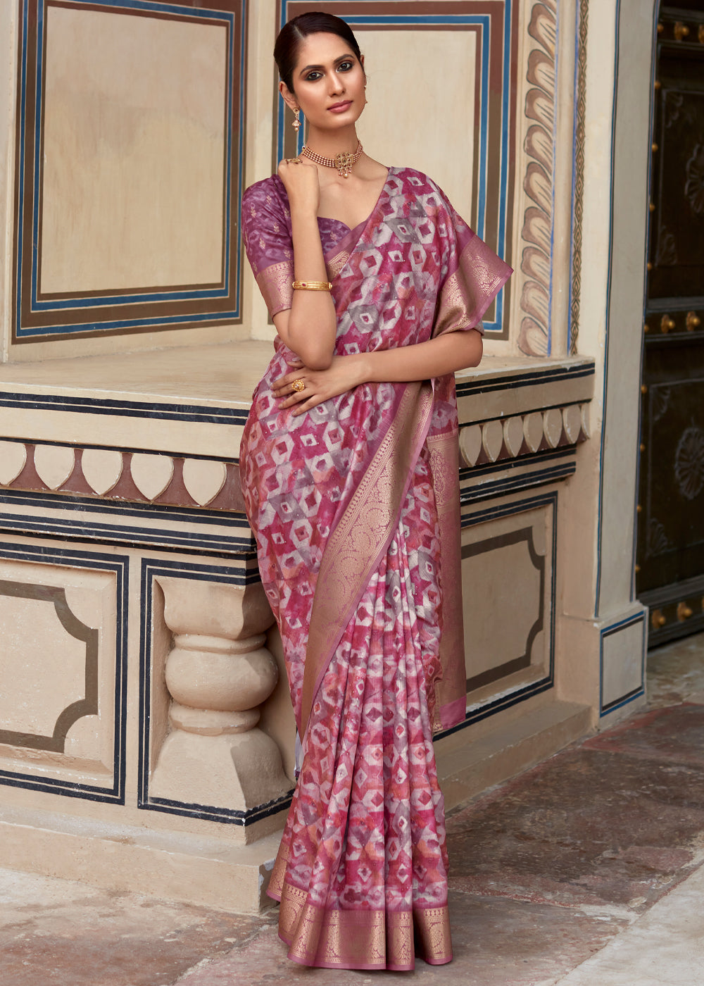 Rose Dust Purple Banarasi Digital Printed Silk Saree