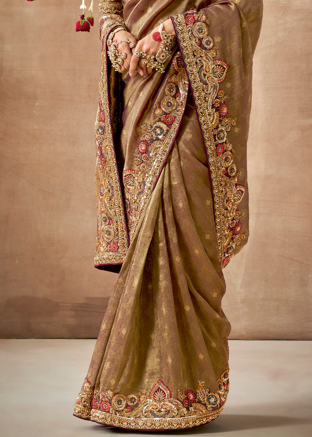 Pecan Brown Zari Woven Embroidery Designer Tissue Dola Silk Saree