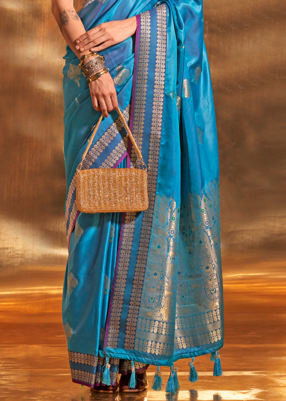 Blueberry Blue Woven Banarasi Satin Silk Saree