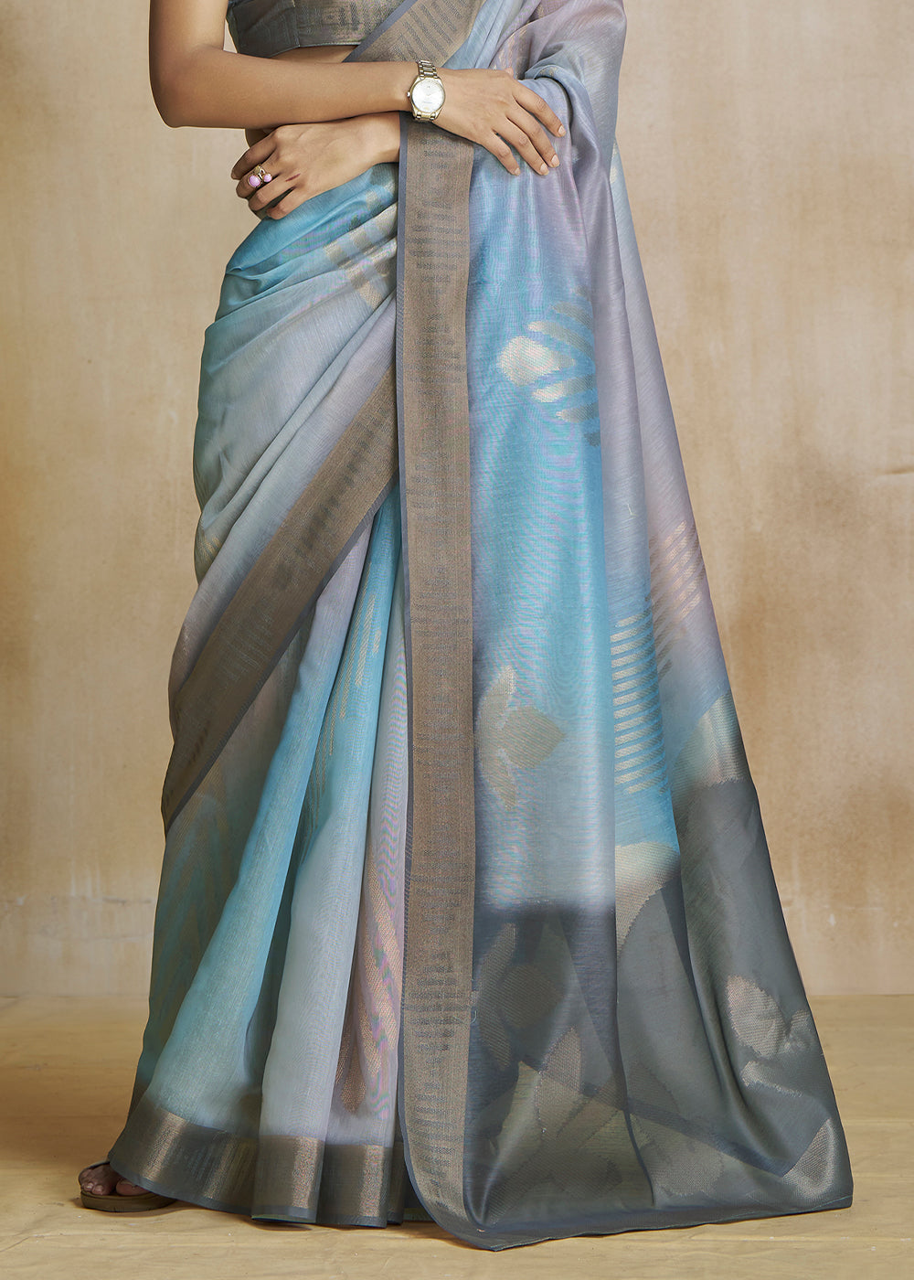 Stone Blue and Grey Tissue Woven Soft Silk Saree