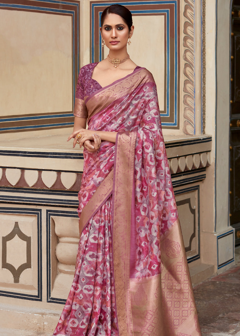 Rose Dust Purple Banarasi Digital Printed Silk Saree