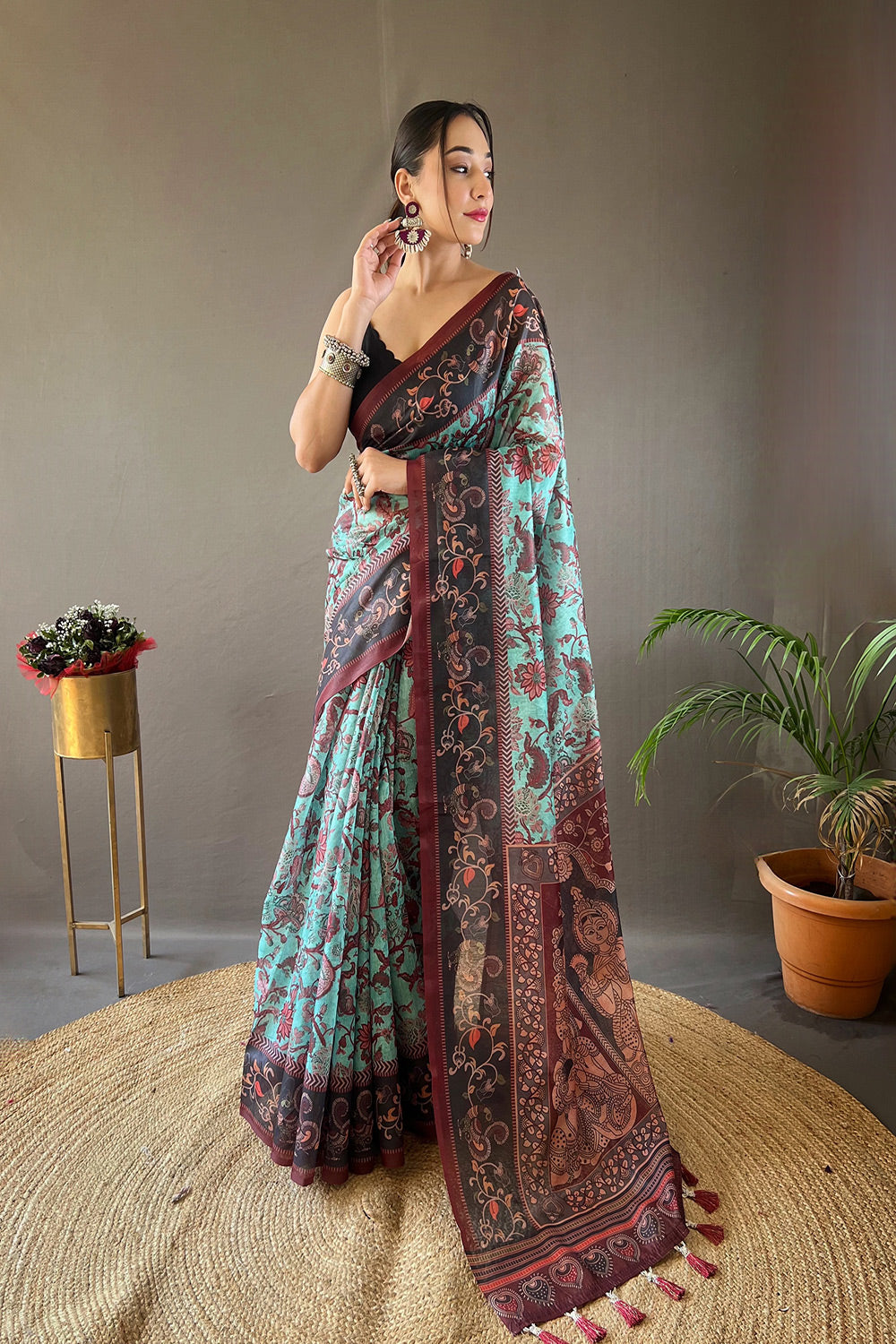 Spray Blue Printed Cotton Kalamkari Saree