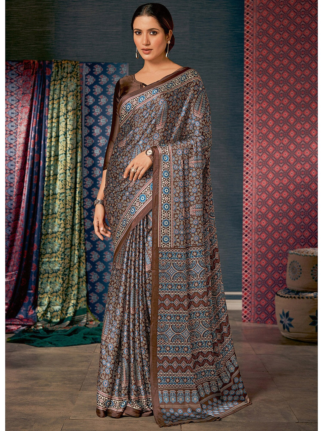 Coco Brown Digital Printed Ajrakh Satin Crepe Saree