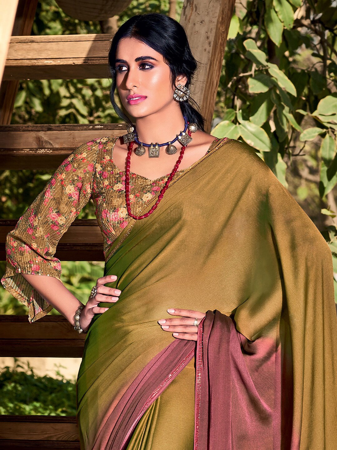 Twine Green and Brown Chiffon Saree With Printed Blouse