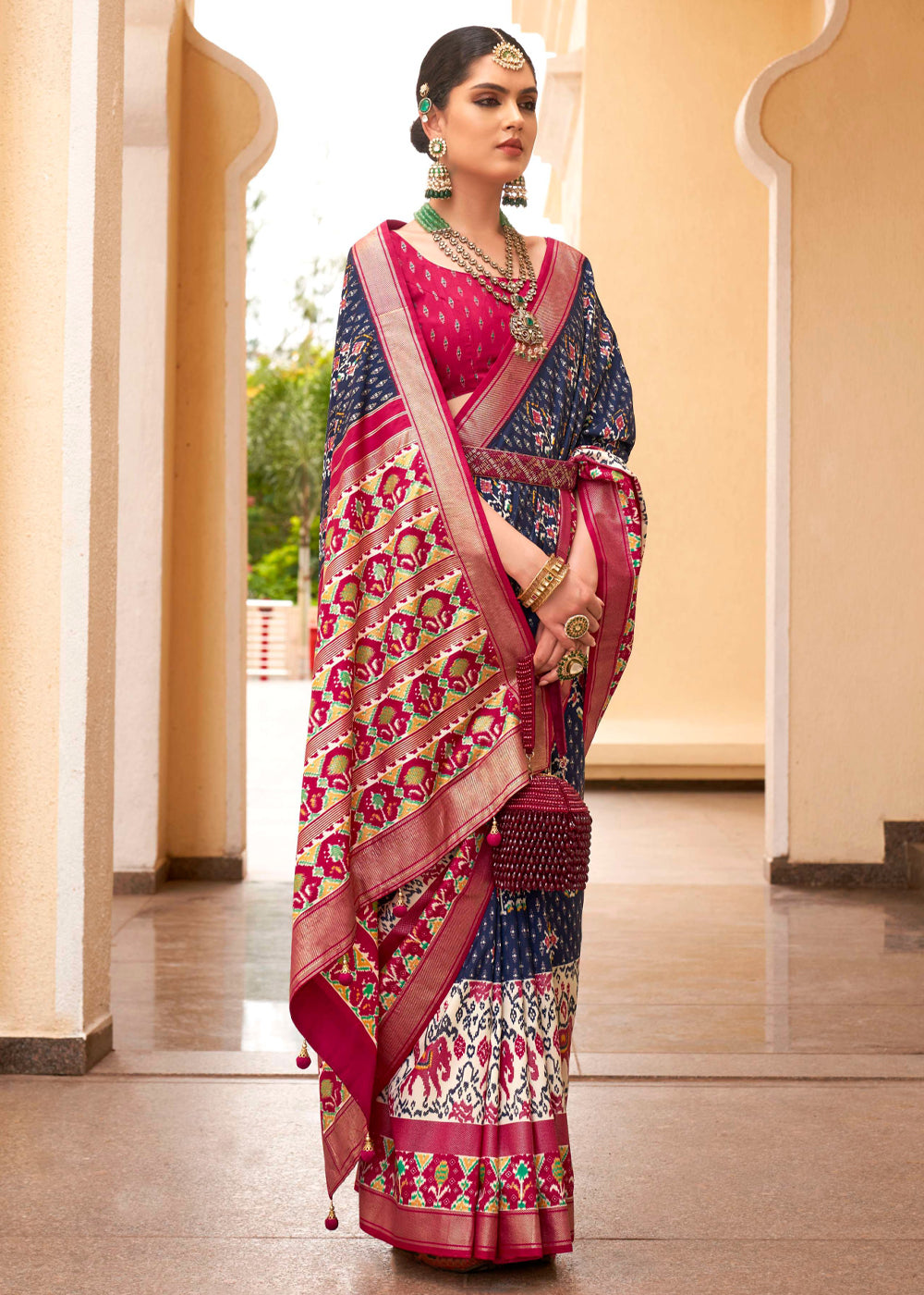 Catalina Blue and Maroon Printed Patola Soft Silk Saree