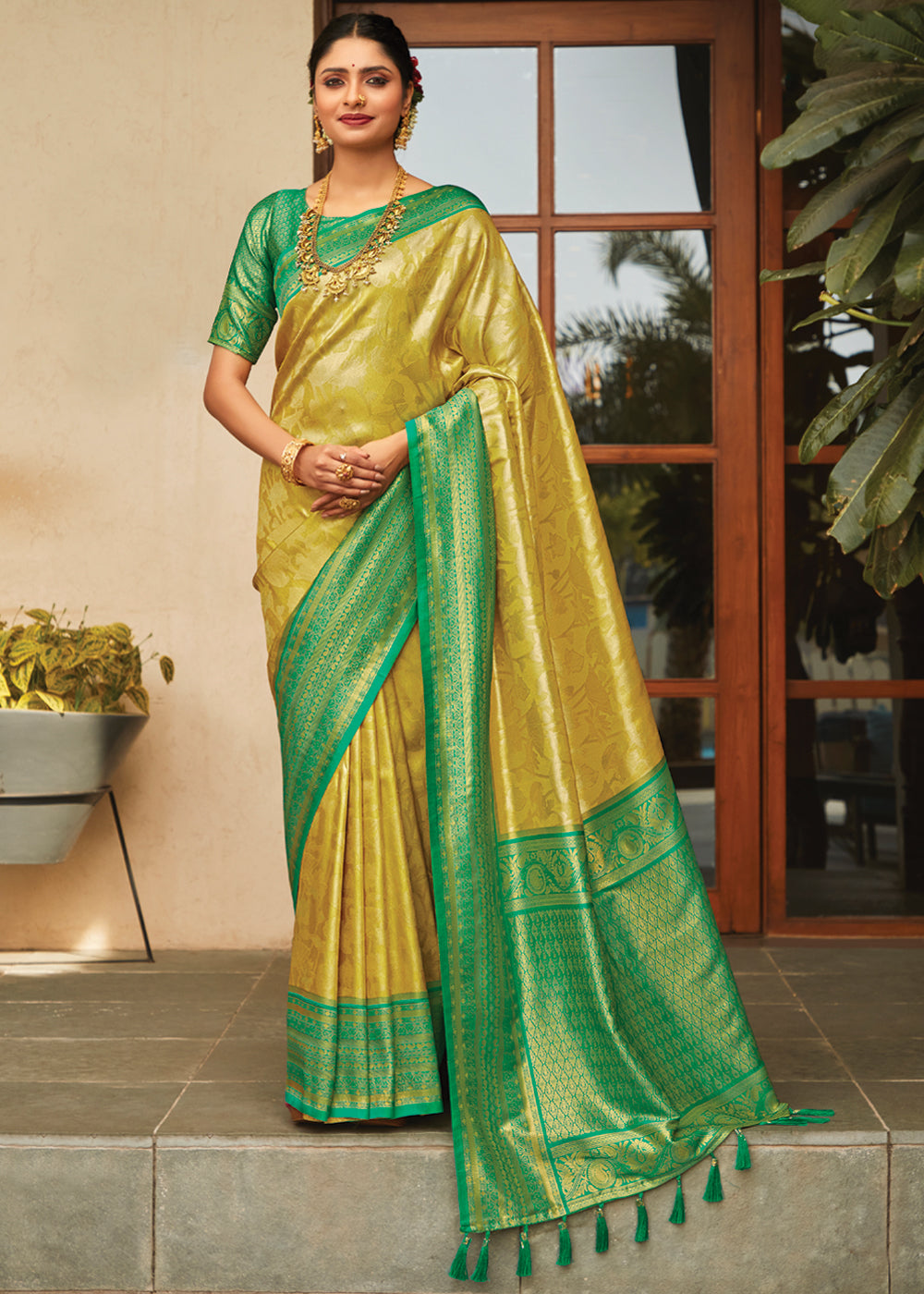 Cream Can Yellow Woven Kanjivaram Saree