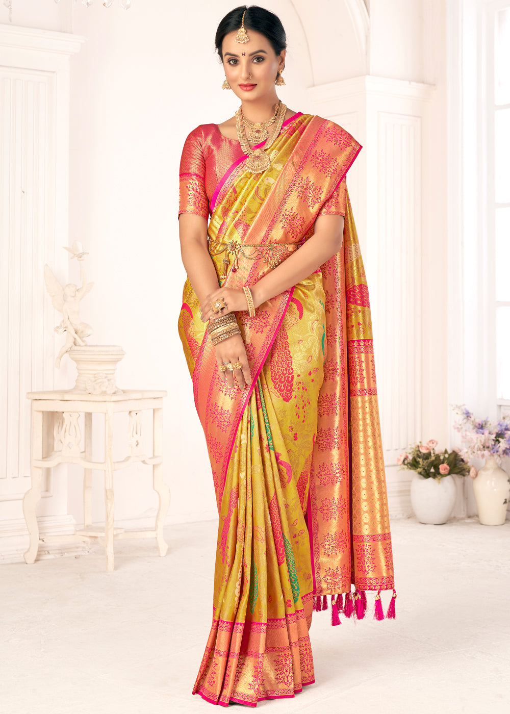 Confetti Yellow Woven Paithani Fusion Kanjivaram Silk Saree