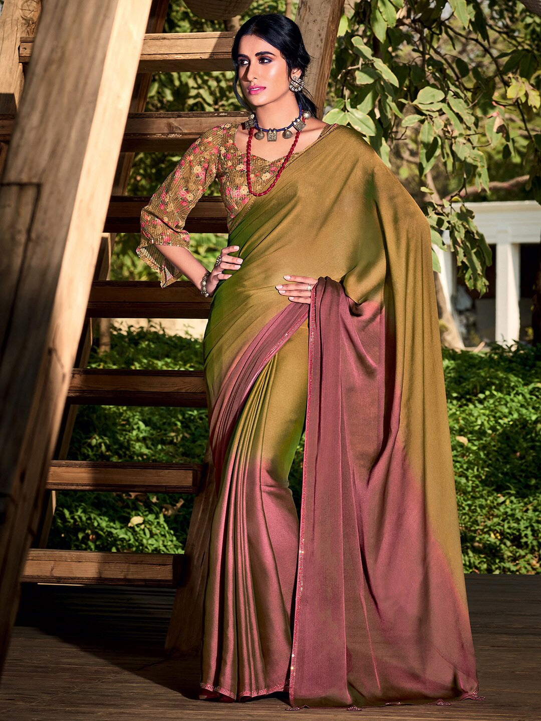 Twine Green and Brown Chiffon Saree With Printed Blouse