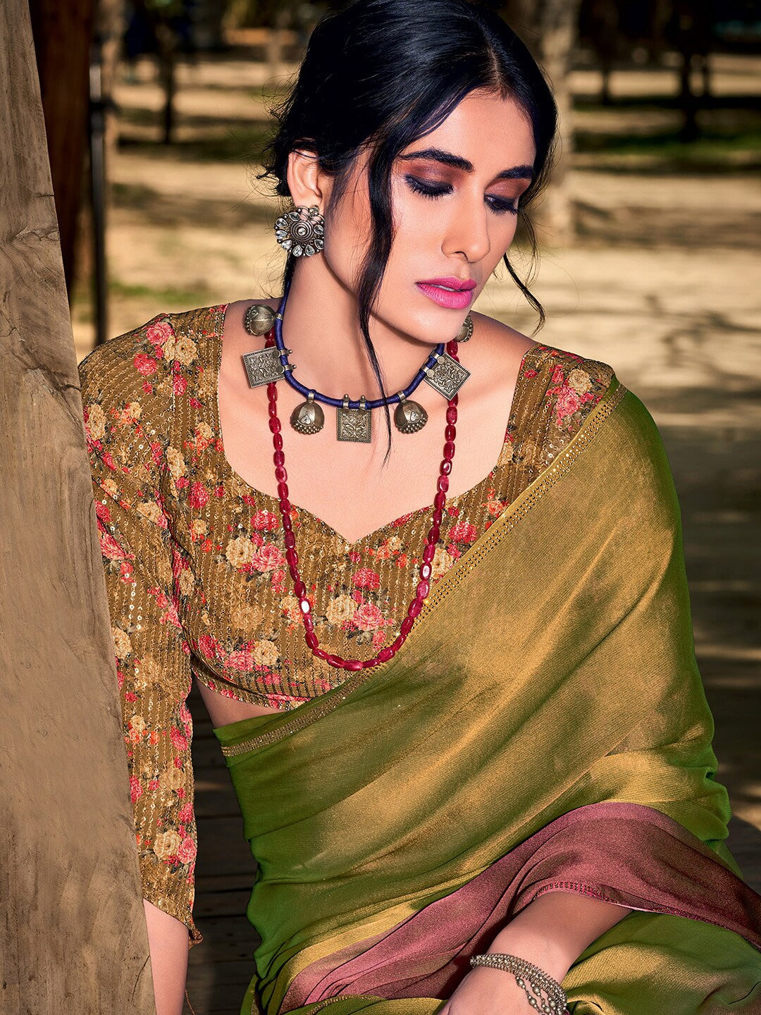 Twine Green and Brown Chiffon Saree With Printed Blouse