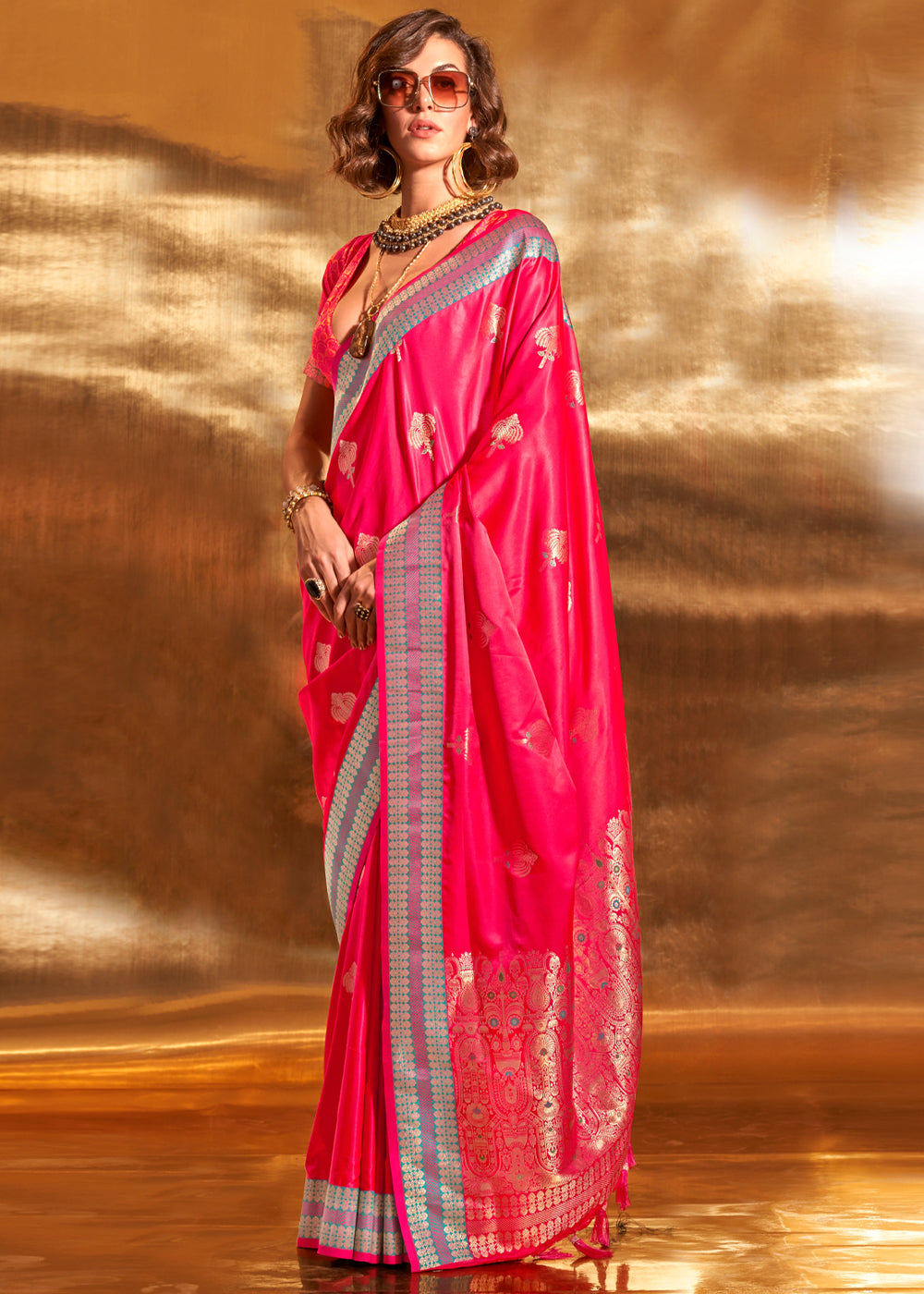 Wild Watermelon Pink Woven Banarasi Satin Silk Saree