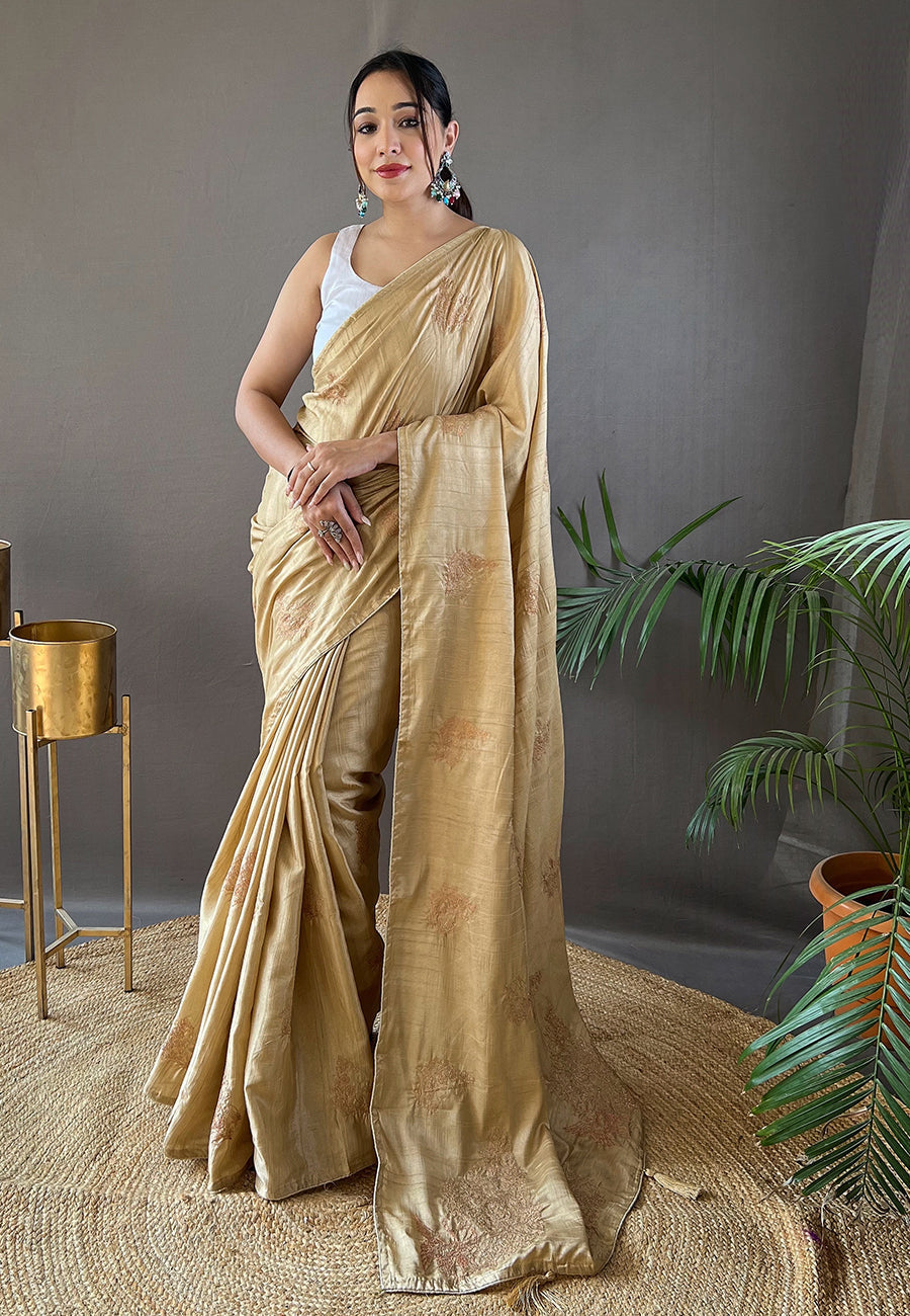 Cameo Cream Embroidered Tussar Silk Saree