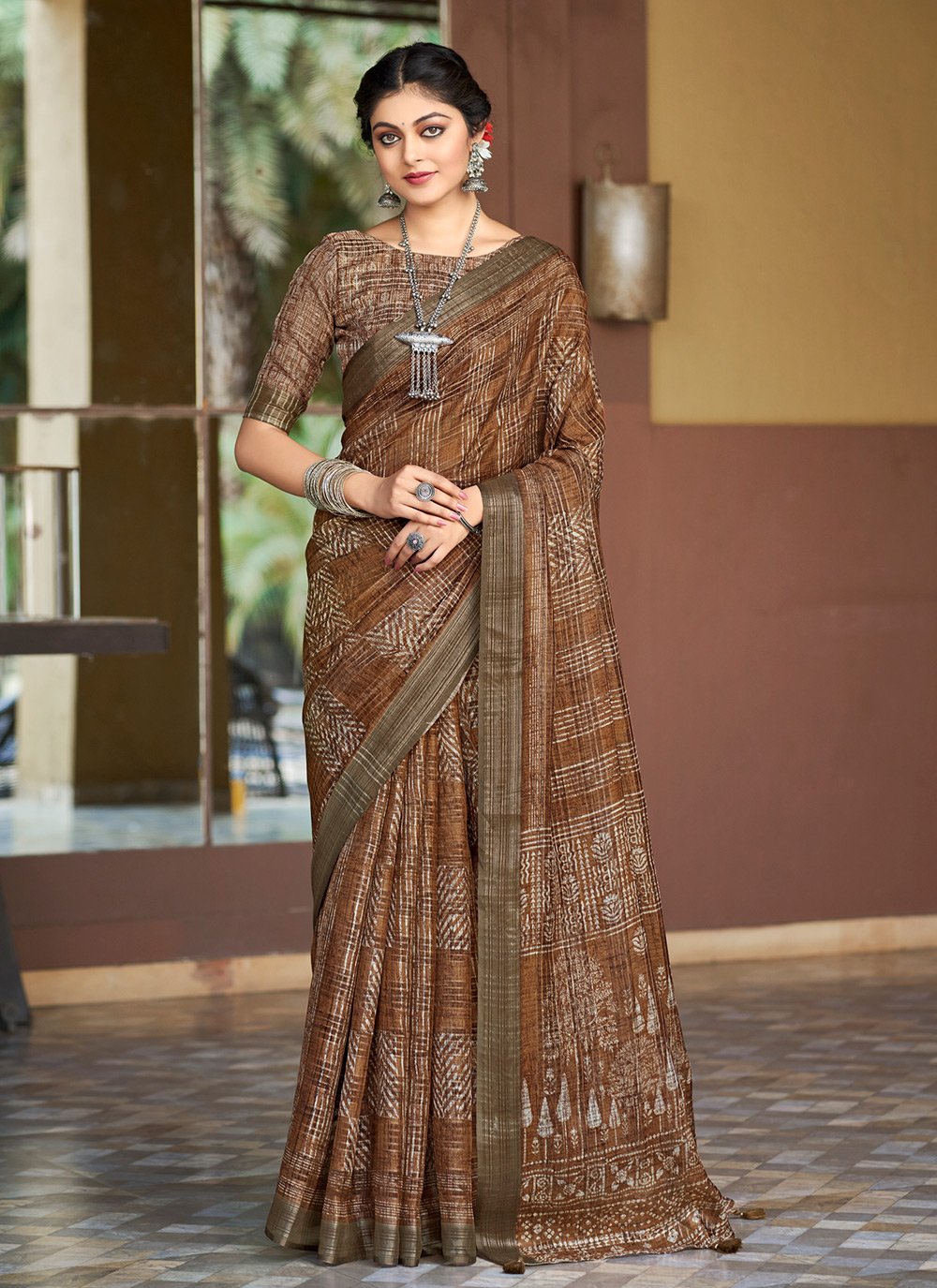 Citrine Brown Digital Printed Linen Saree