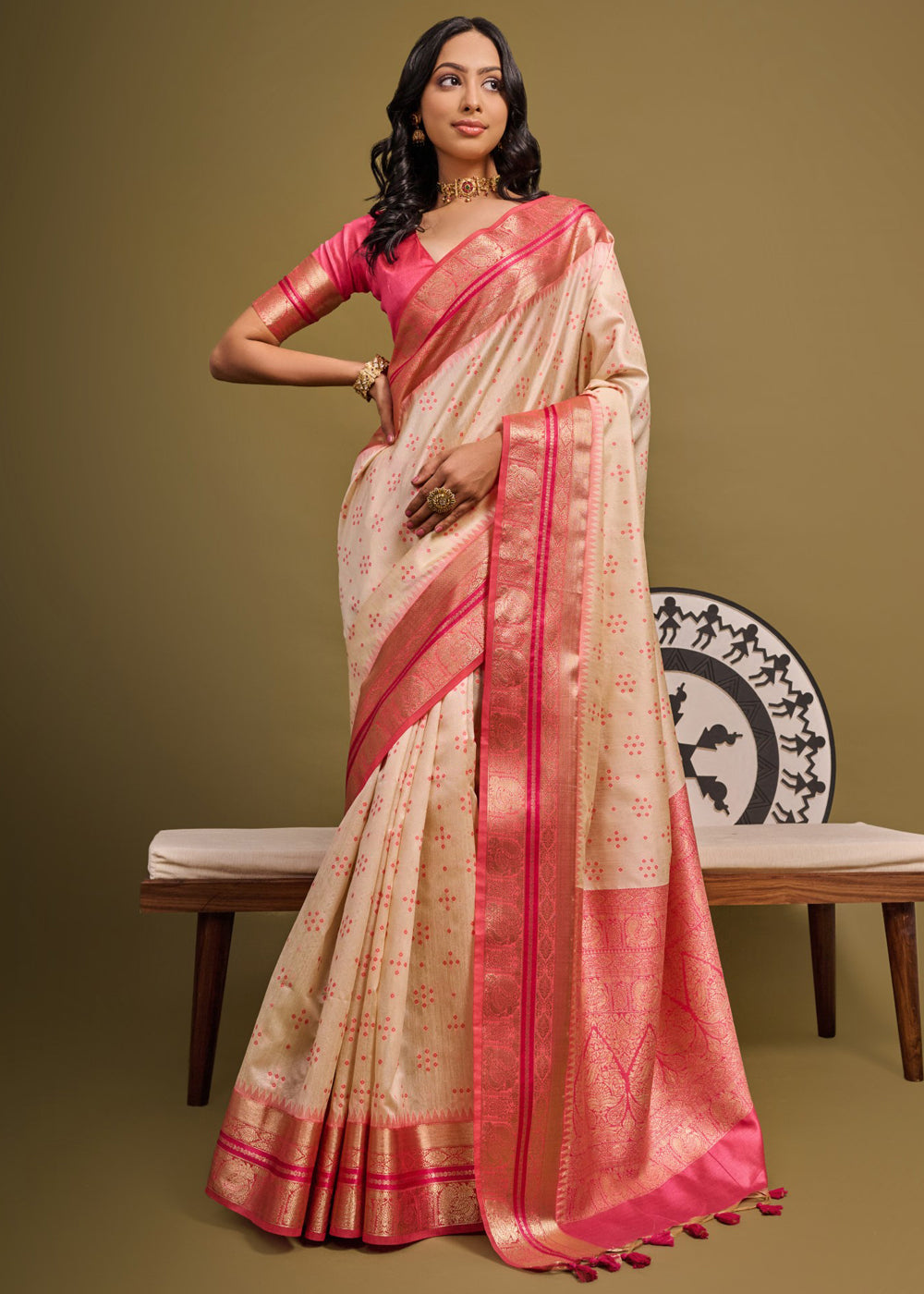 Romantic Cream and Pink Woven Banarasi Soft Silk Saree