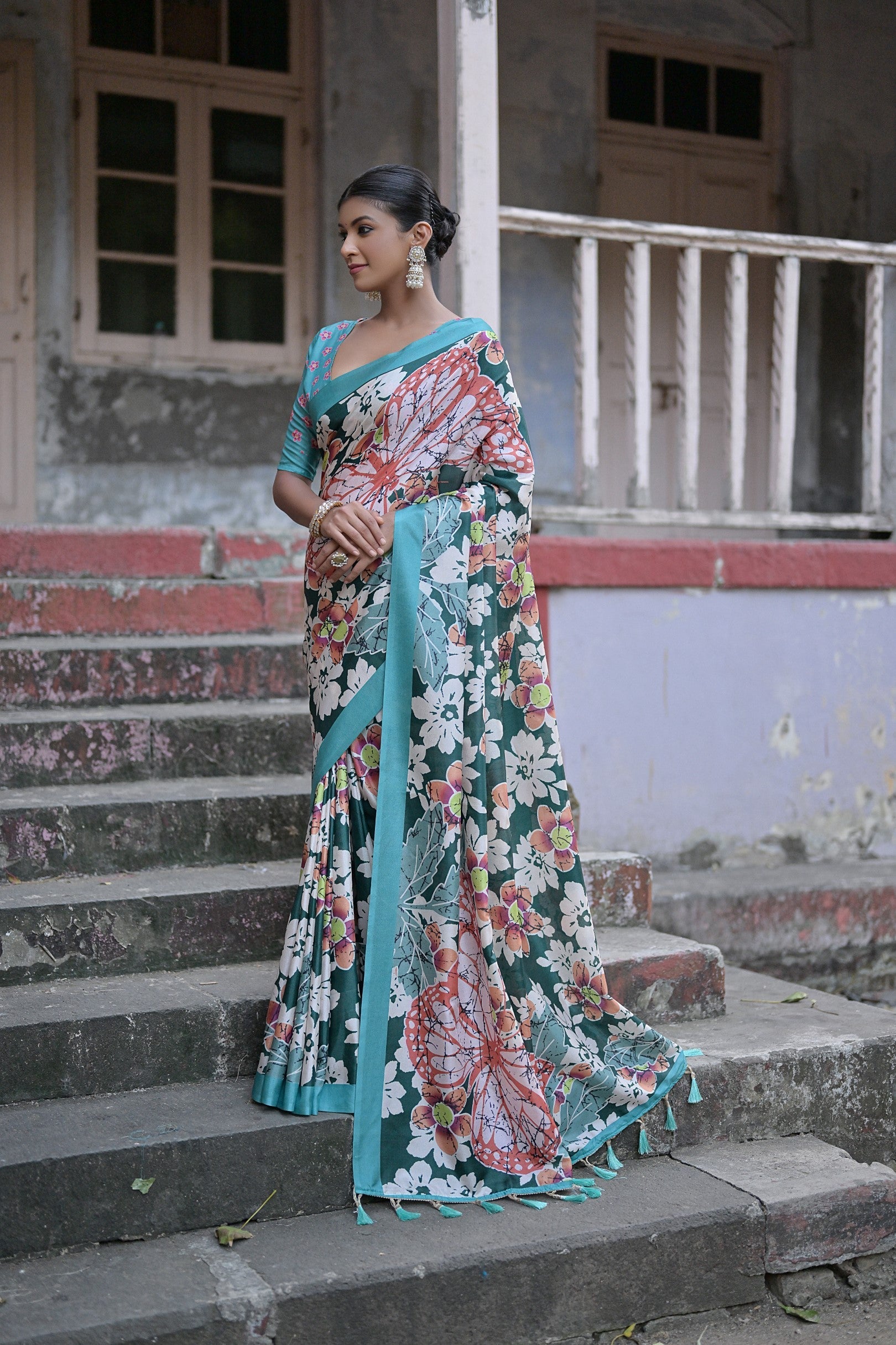 Timber Green Floral Printed Cotton Silk Saree