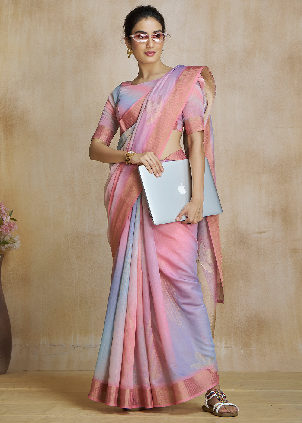 Shilo Pink Tissue Woven Soft Silk Saree