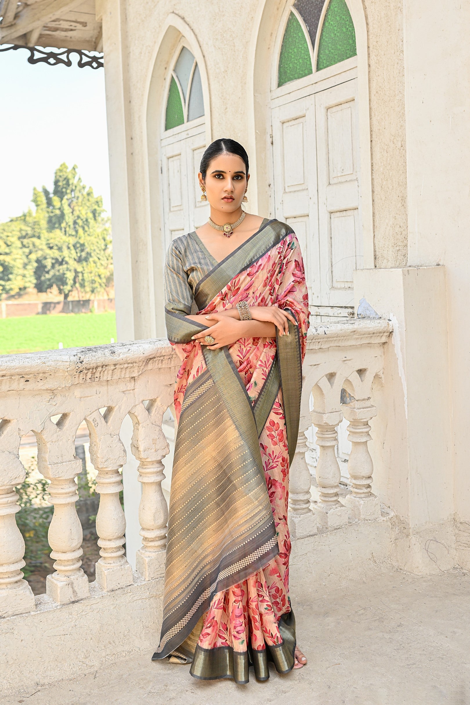 Tonys Peach Tussar Printed Silk Saree