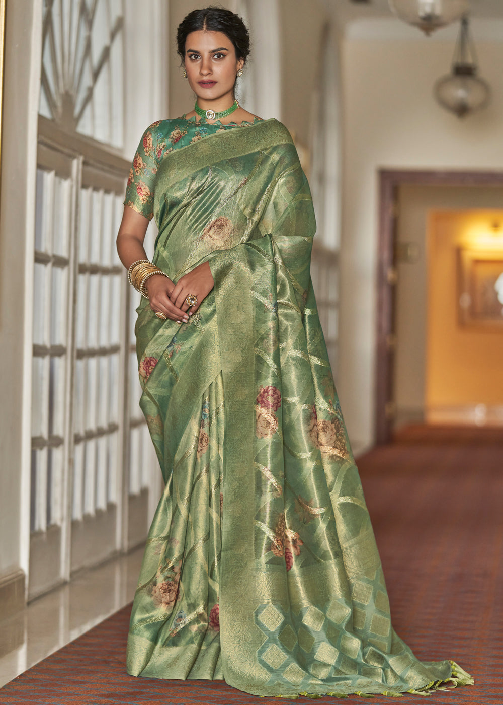 Avocado Green Woven Banarasi Tissue Organza Silk Sare