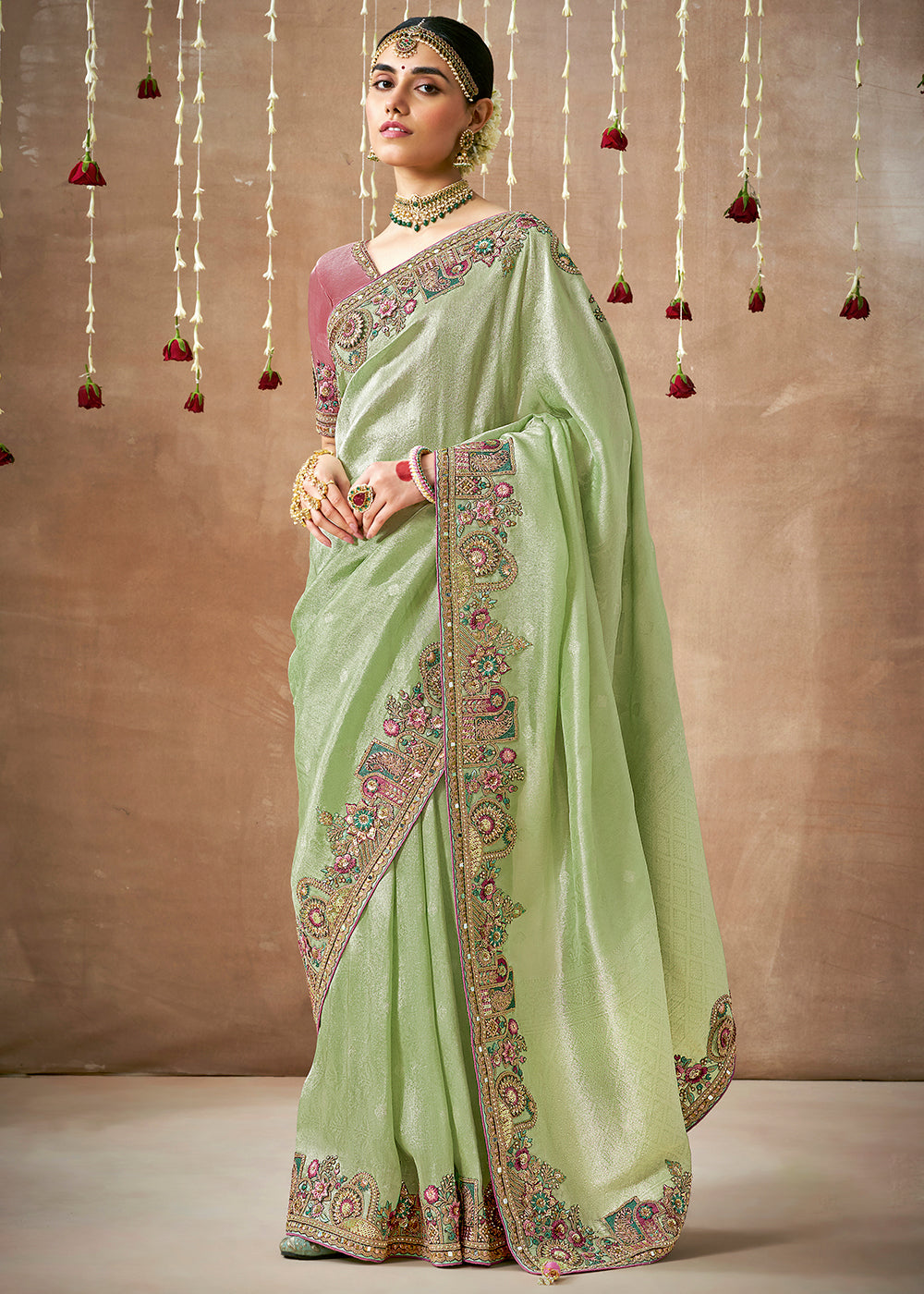 Tea Green  Zari Woven Embroidery Designer Tissue Dola Silk Saree