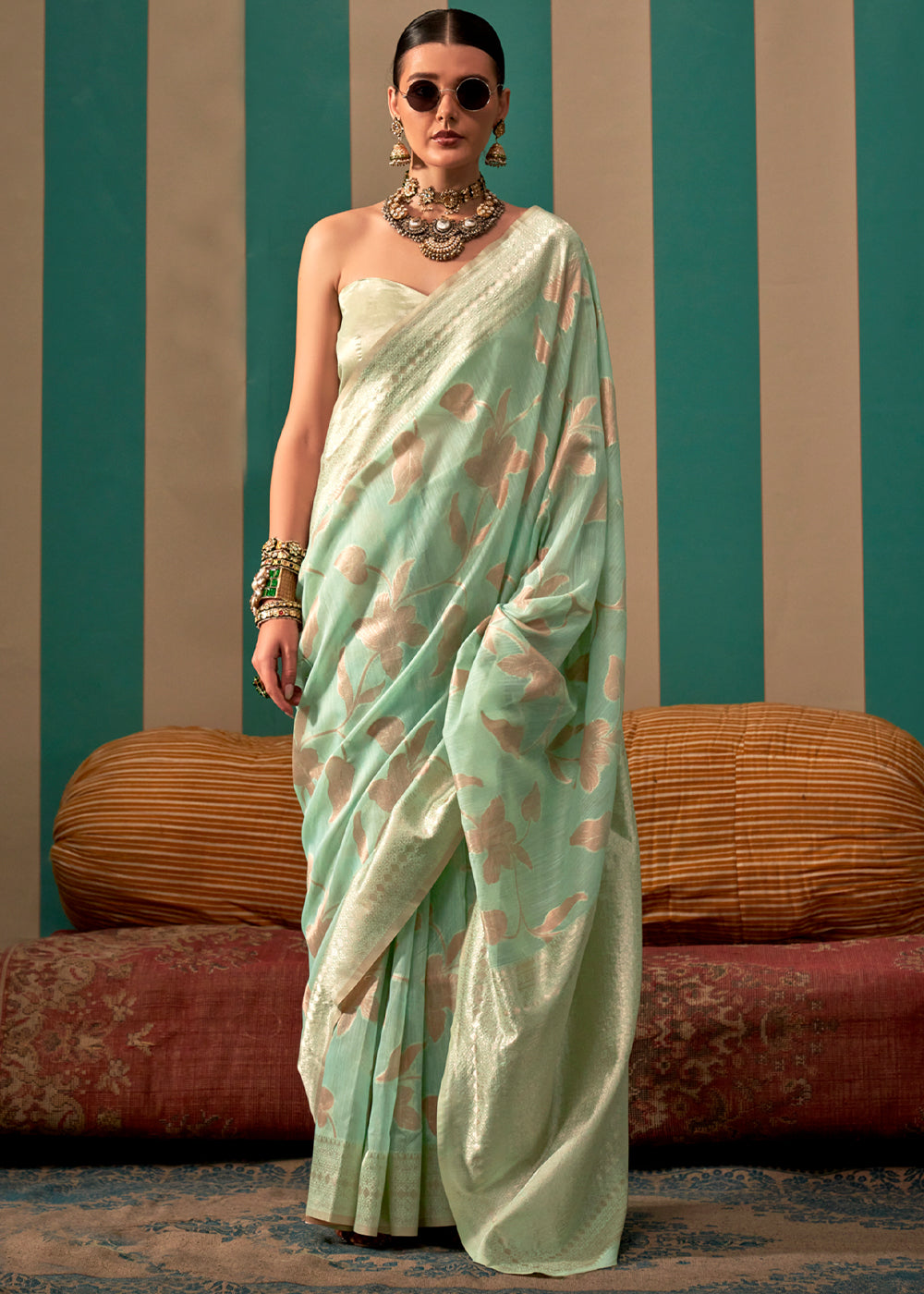 Swamp Green Woven Banarasi Linen Saree