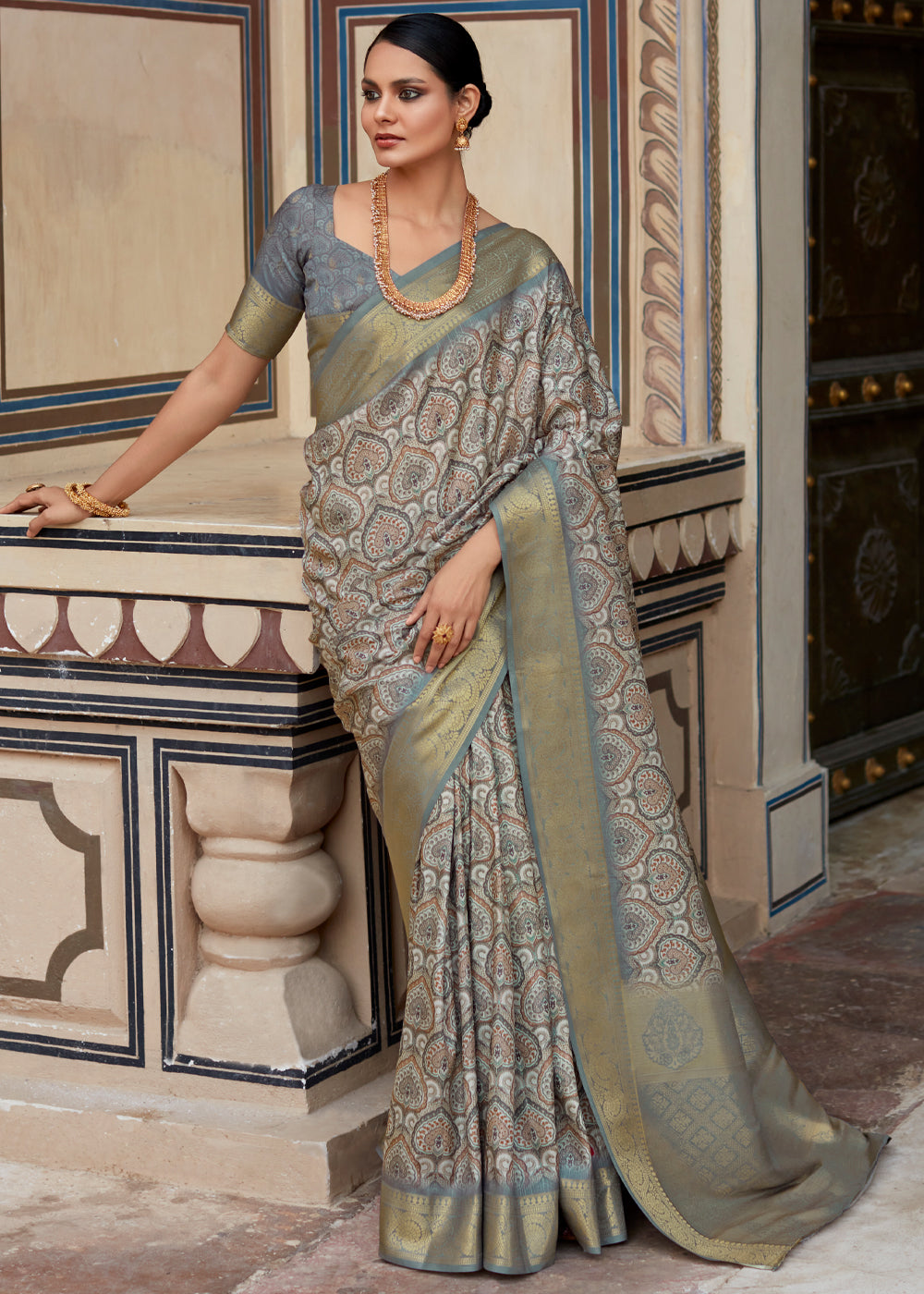 Tower Grey Banarasi Digital Printed Silk Saree