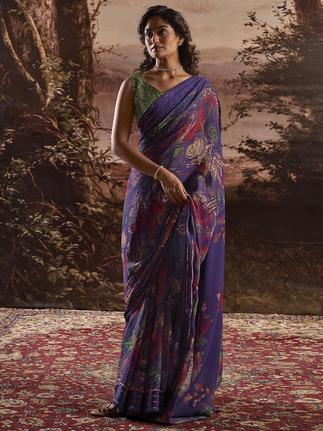 Martinique Blue Georgette Chiffon Saree With Embroidery Blouse