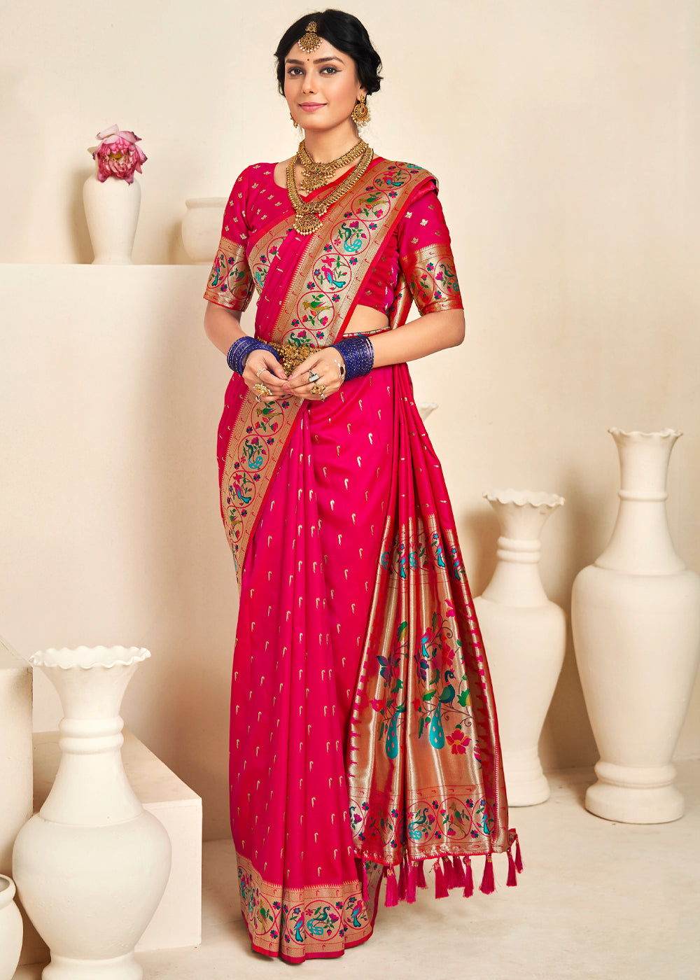 Winter Sky Pink Woven Paithani Silk Saree