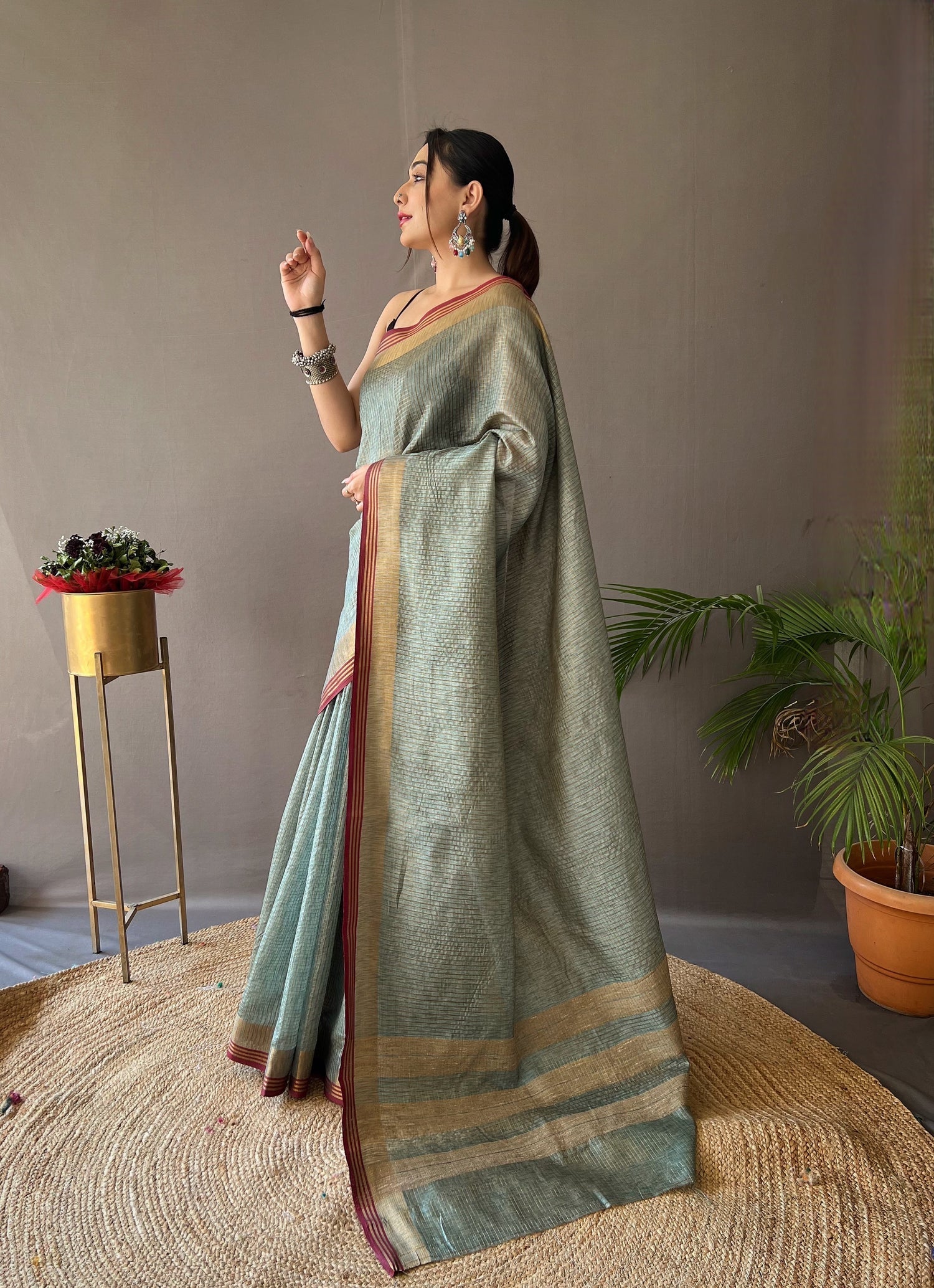 Camouflage Green Organza Woven Saree