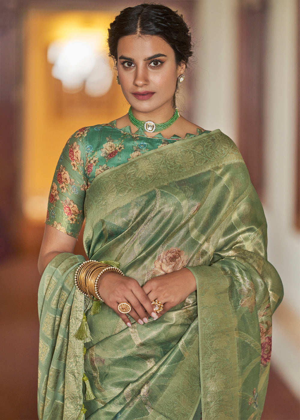 Avocado Green Woven Banarasi Tissue Organza Silk Sare